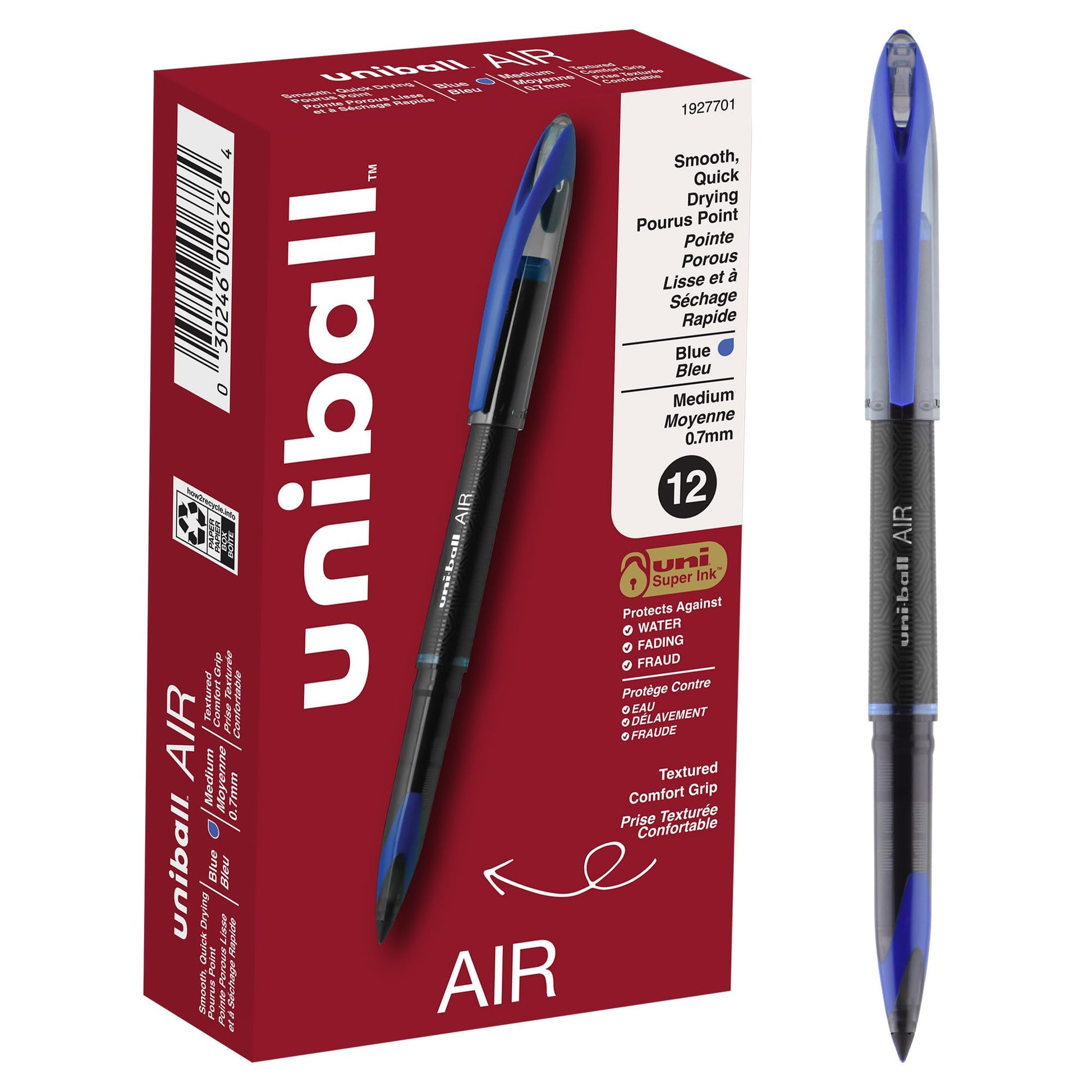 uniball Air Porous Roller Ball Pen, Stick, Medium 0.7 Mm, Blue Ink, Black Barrel, Dozen