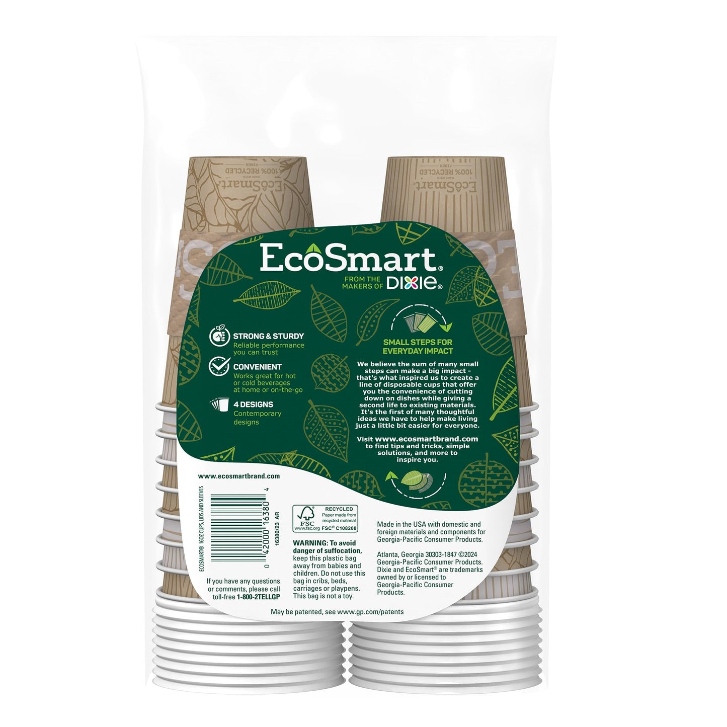 Dixie EcoSmart 100% Recycled Fiber Paper Coffee Cups With Lids, 16 Oz, 96 Count (Pack of 6), Large Paper Coffee Cups For Hot Beverages