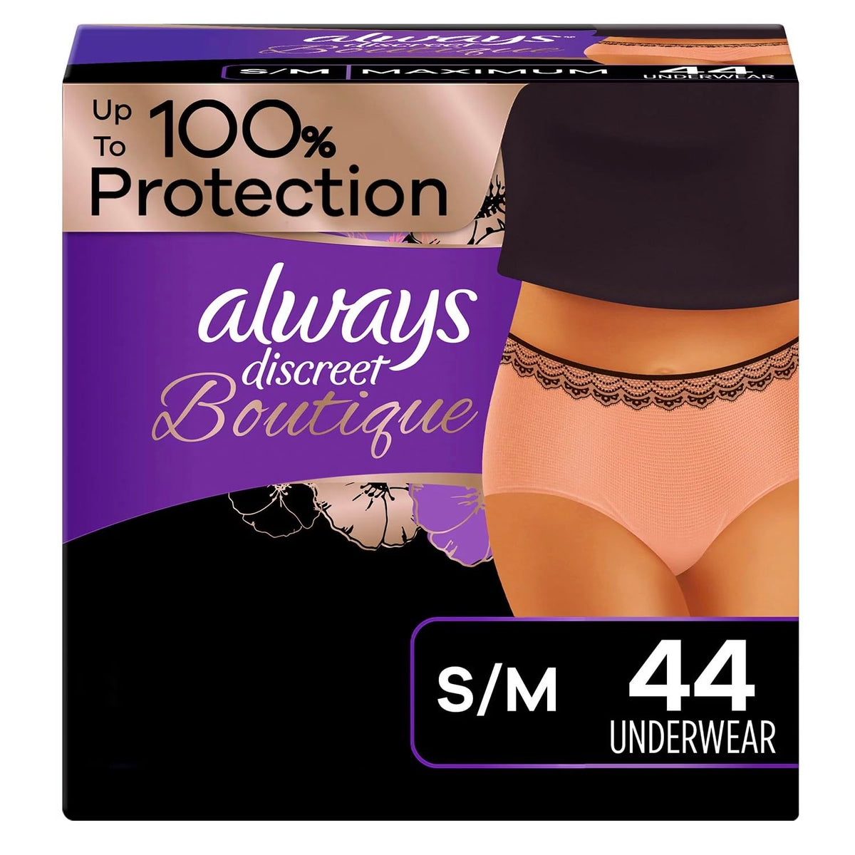Always Discreet Boutique Incontinence Underwear, Maximum Absorbency, S/M (44 Ct)