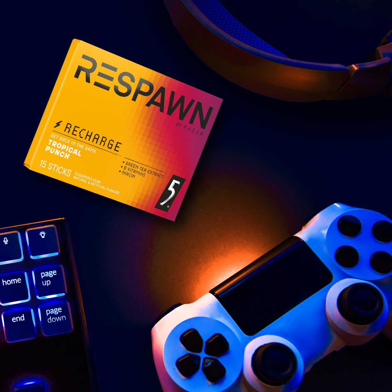 RESPAWN by Razer Chewing Gum - Tropical Punch, Neurogum Energy and Focus Sugar-Free, 15 Count Pack of 10 Bulk Box