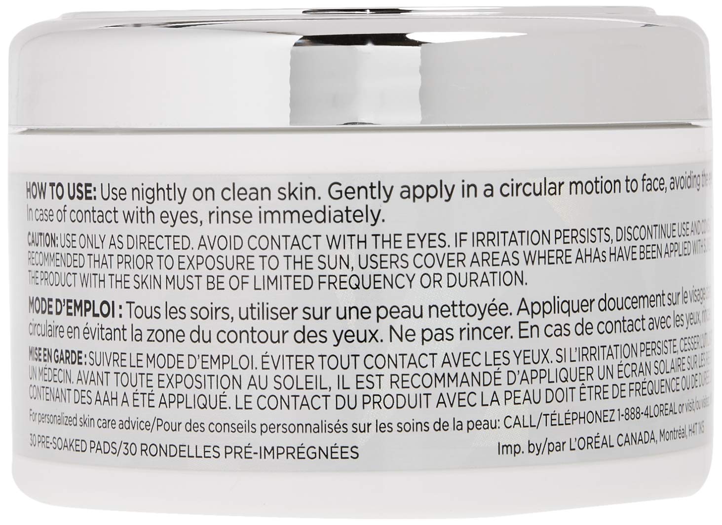 L'OrÃ©al Paris Revitalift Bright Reveal Anti-Aging Exfoliating Peel Pads with Glycolic Acid, Reduce Wrinkles & Brighten Skin, 30 Count (Pack of 1)