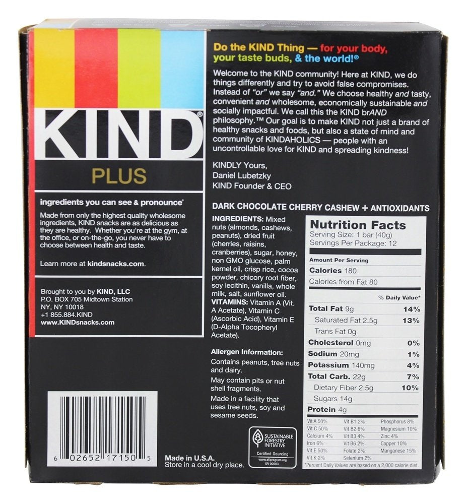 KIND Plus Dark Chocolate Cherry Cashew, 16.8 Oz (Pack Of 12)