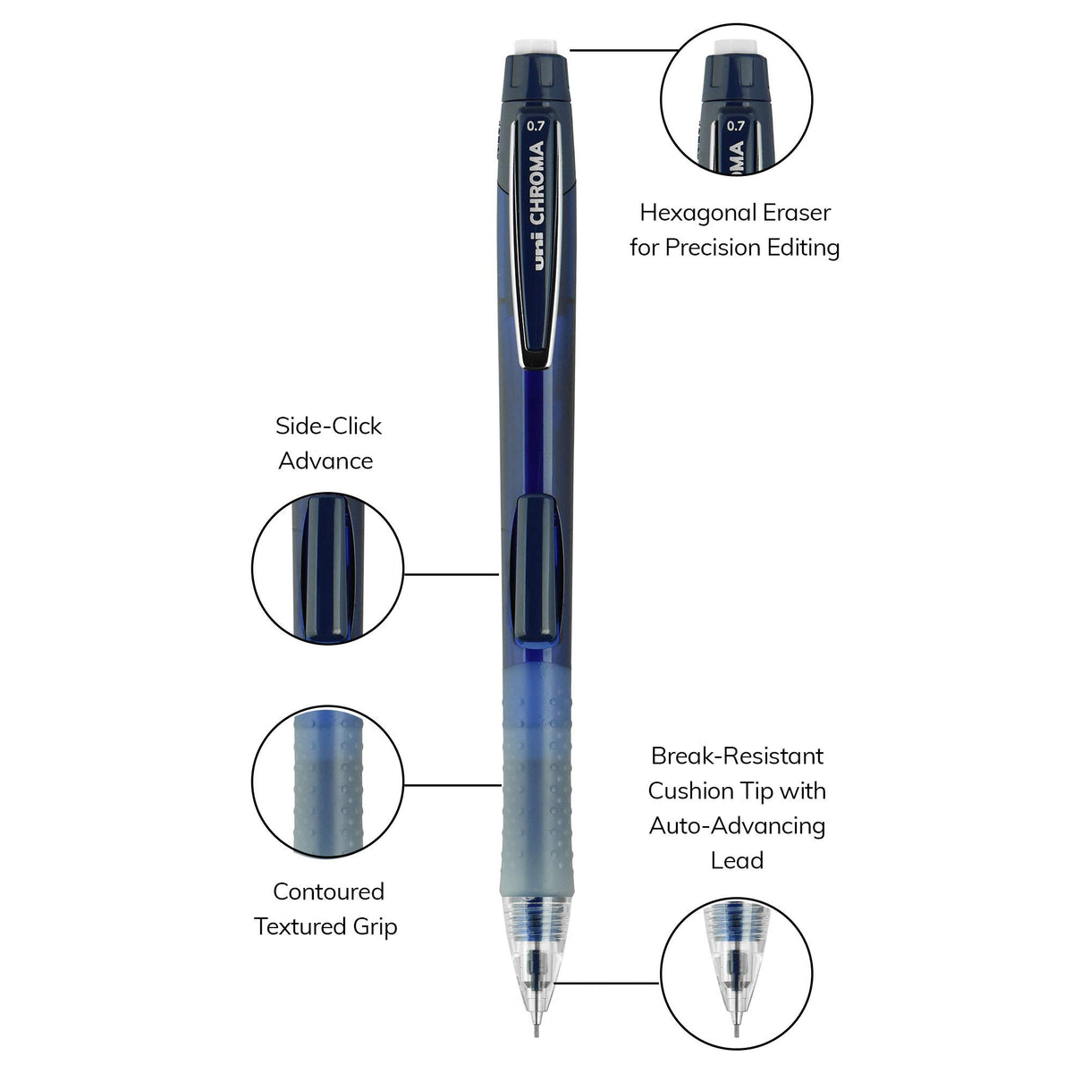 uniball Chroma Mechanical Pencil Woth Leasd and Eraser Refills, 0.7 Mm, Hb (#2), Black Lead, Assorted Barrel Colors, 4/Set