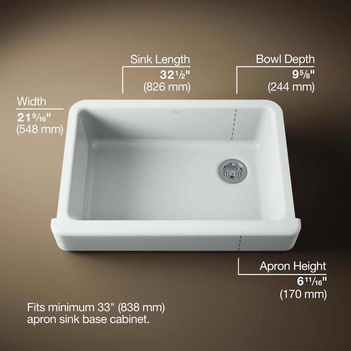 KOHLER K-5826-95 Whitehaven Farmhouse Self-Trimming Undermount Single-Bowl Sink with Short Apron, Ice Grey