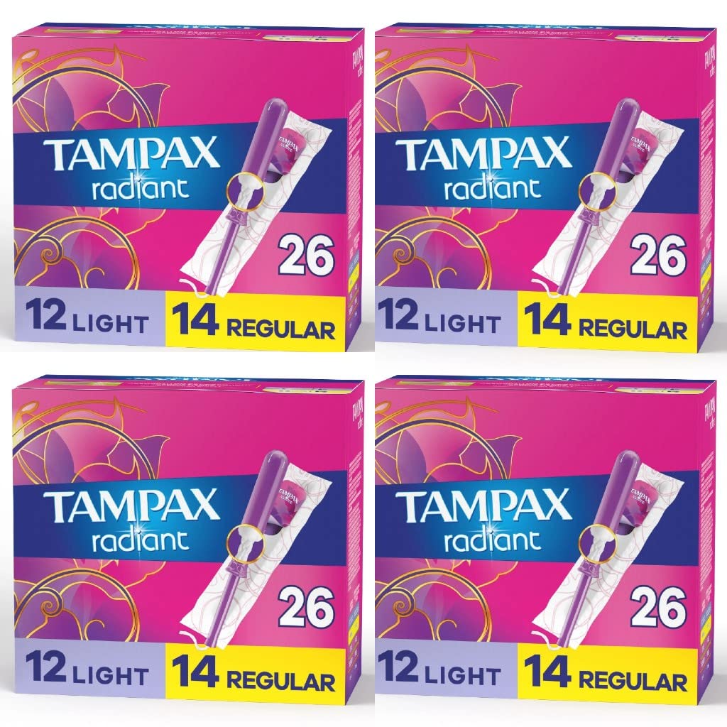 Tampax Radiant Tampons Duo Pack, Light/Regular Absorbency, Unscented, 26 Count (Pack of 4)