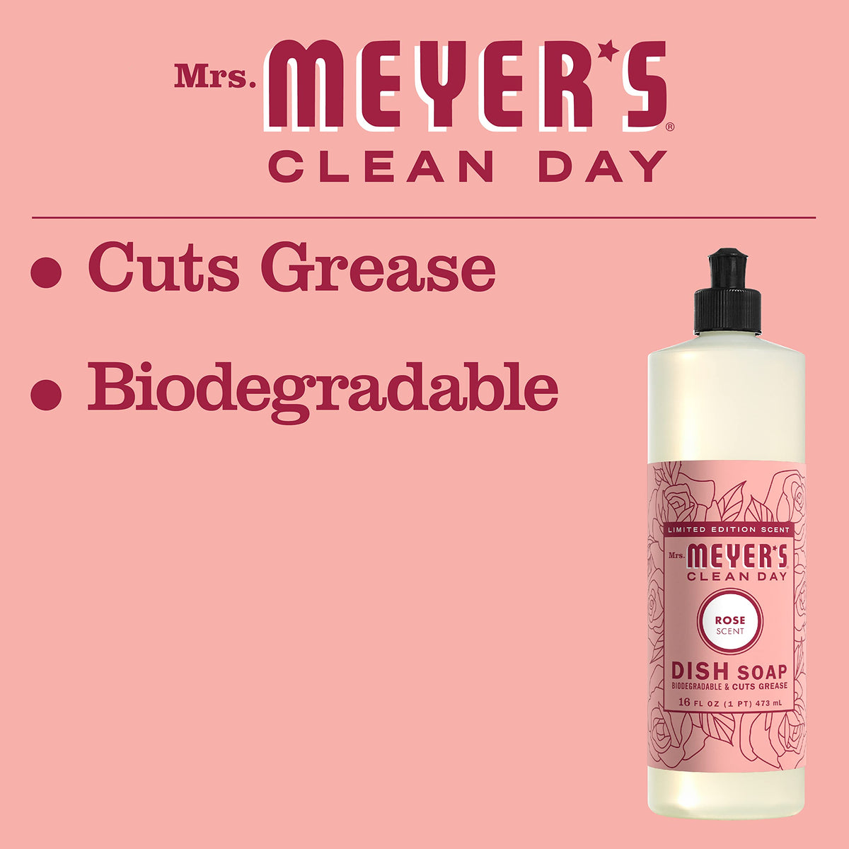MRS. MEYER'S CLEAN DAY Liquid Dish Soap, Rose Scent, 16 Ounce Bottle