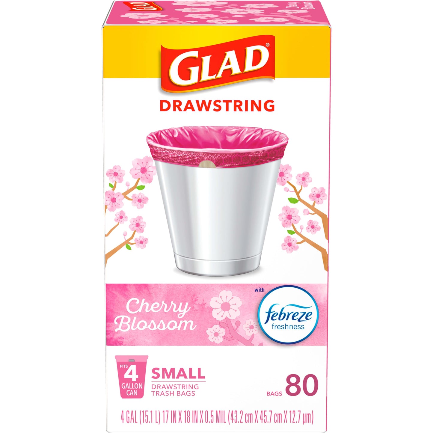 Glad Small Trash Bags 4 Gallon, Febreze Cherry Blossom Garbage Bags, Odor Resistant with Drawstring, 80 Count