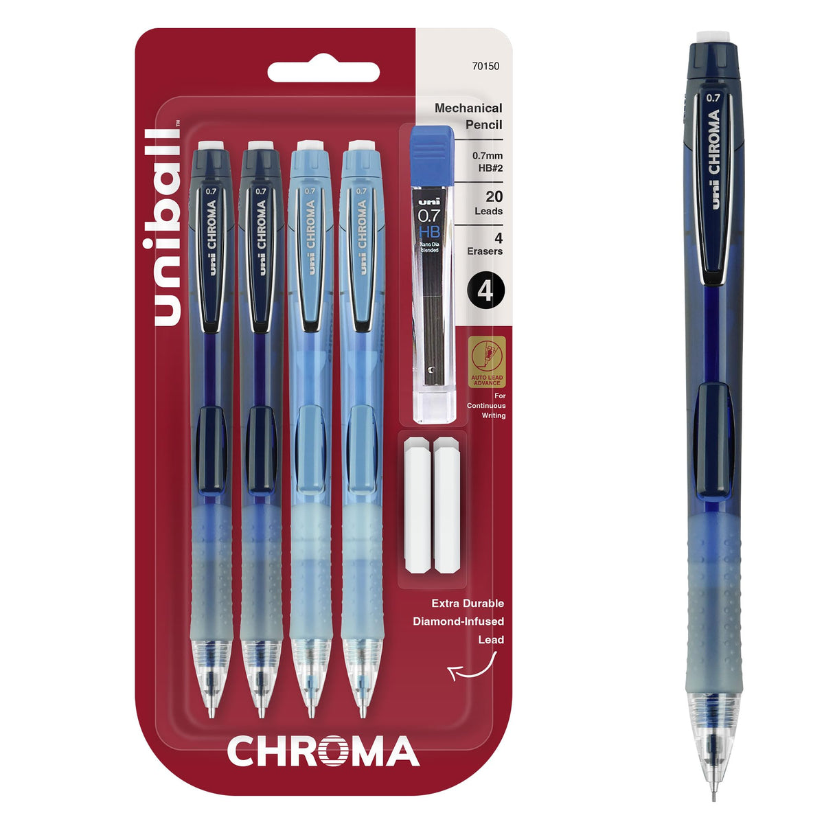 uniball Chroma Mechanical Pencil Woth Leasd and Eraser Refills, 0.7 Mm, Hb (#2), Black Lead, Assorted Barrel Colors, 4/Set