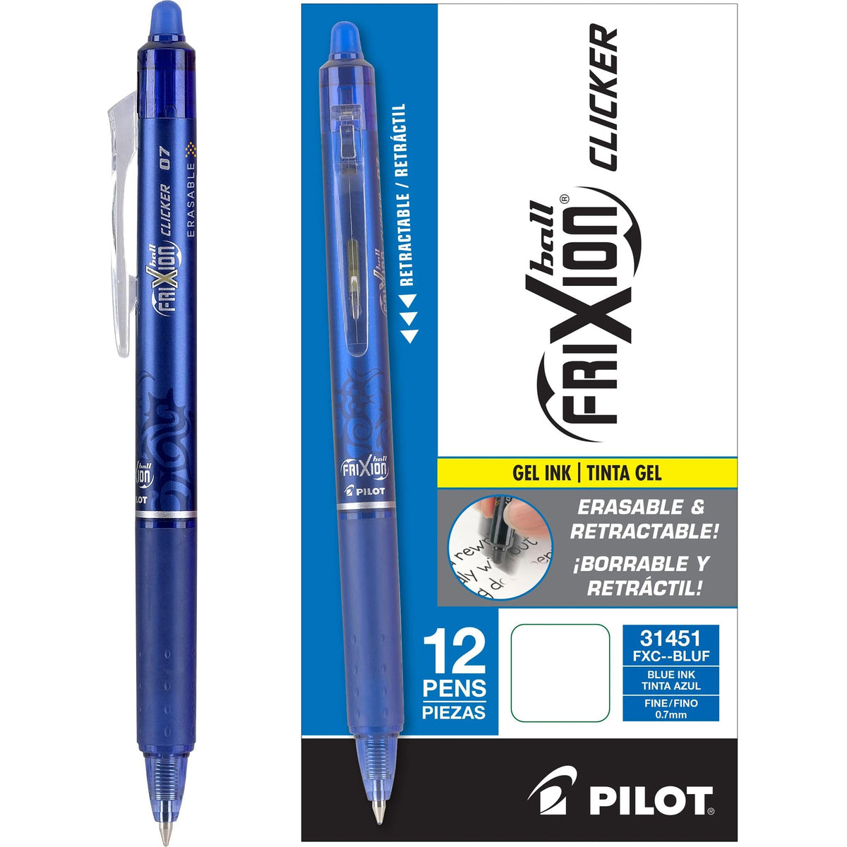 Pilot, FriXion Clicker Erasable Gel Pens, Fine Point 0.7 mm, Pack of 12, Blue