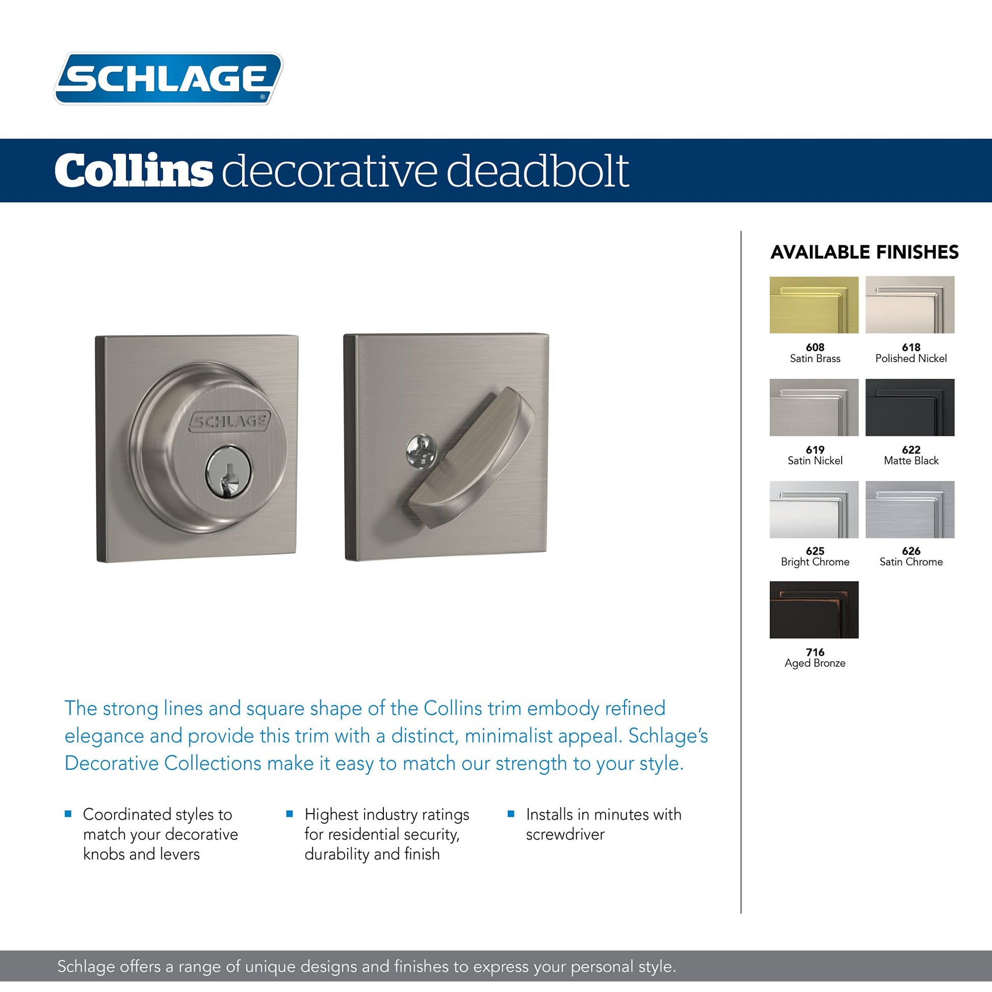 SCHLAGE Lock Company Single Cylinder Deadbolt with Collins Trim, Aged Bronze (B60 N COL 716)