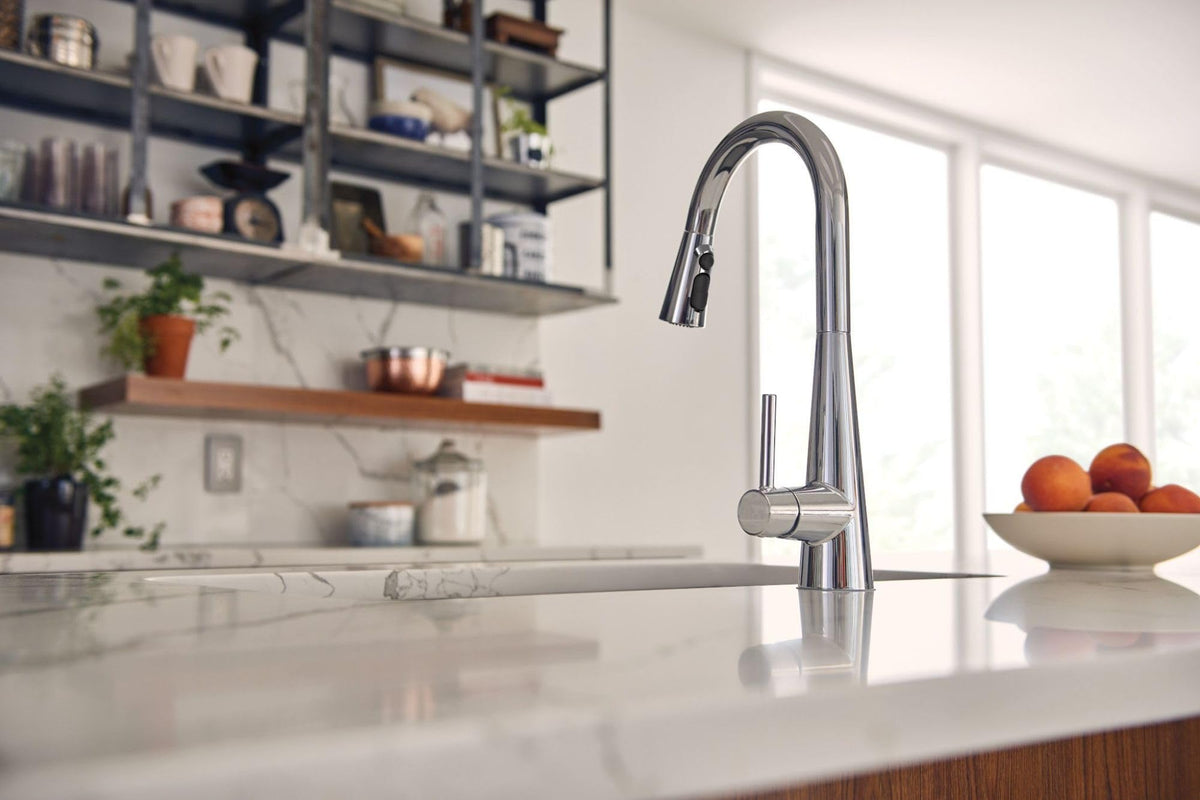 Moen Sleek Chrome One-Handle High Arc Pulldown Kitchen Faucet Featuring Power Boost, Modern Kitchen Sink Faucet with Pull Down Sprayer, 7864