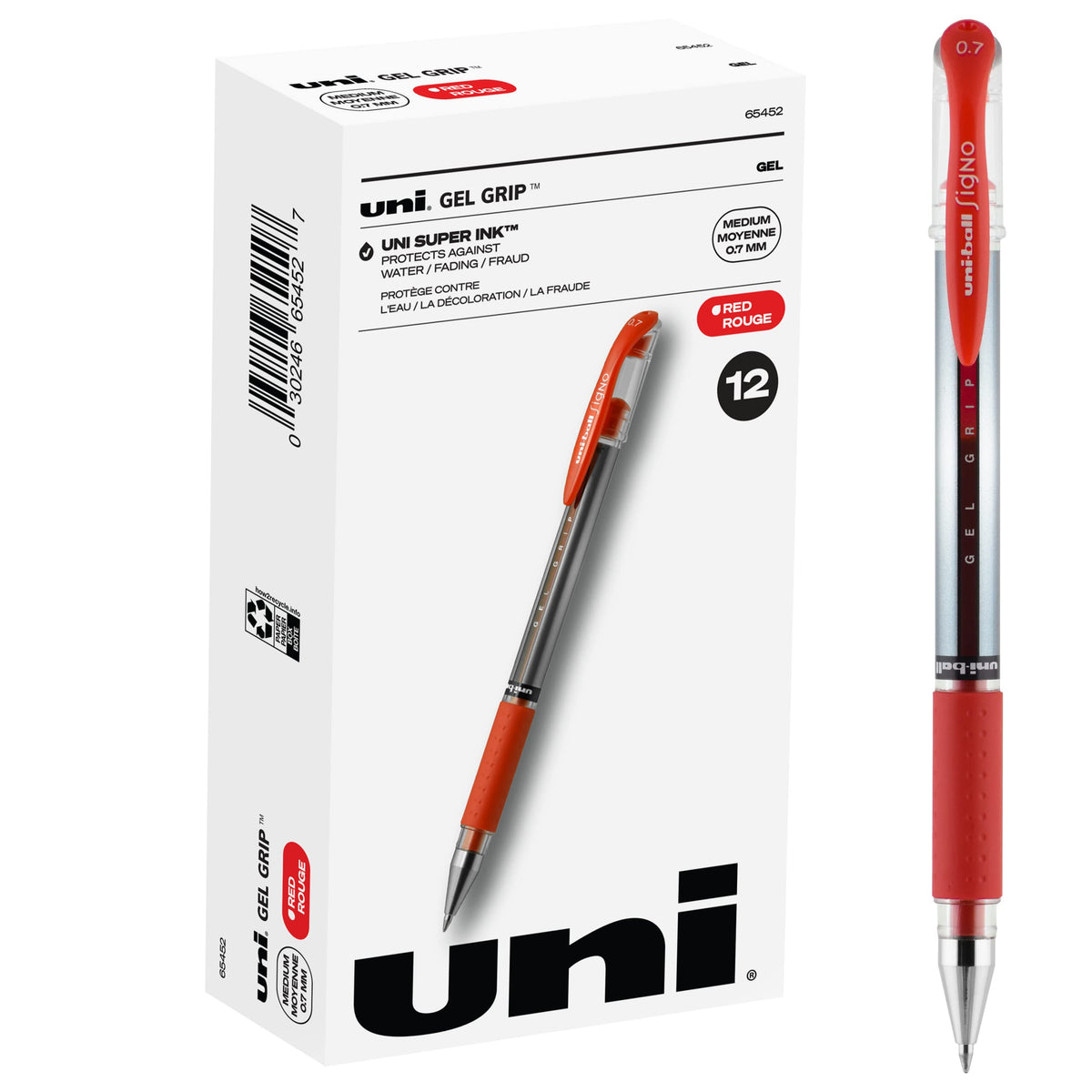 Uni-Ball 65452 Signo Gel Grip Roller Ball Stick Pen, Red Ink, Medium, Dozen