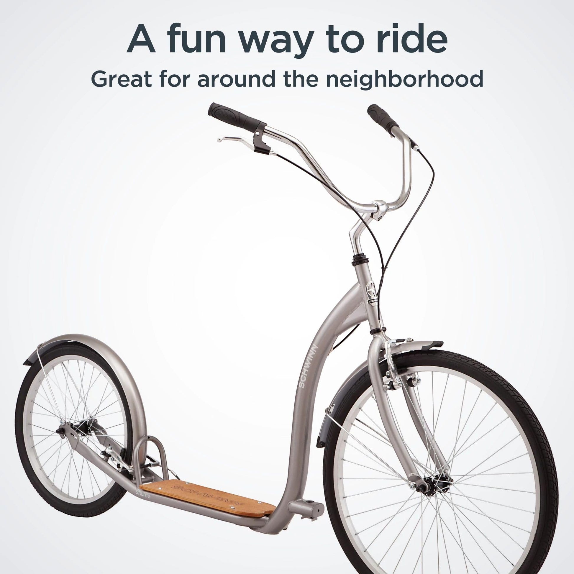 Schwinn Shuffle Adult Scooter, 26-Inch Front Wheel, 20-Inch Rear Wheel, Alloy Linear Pull Brakes, Steel Frame, Grey