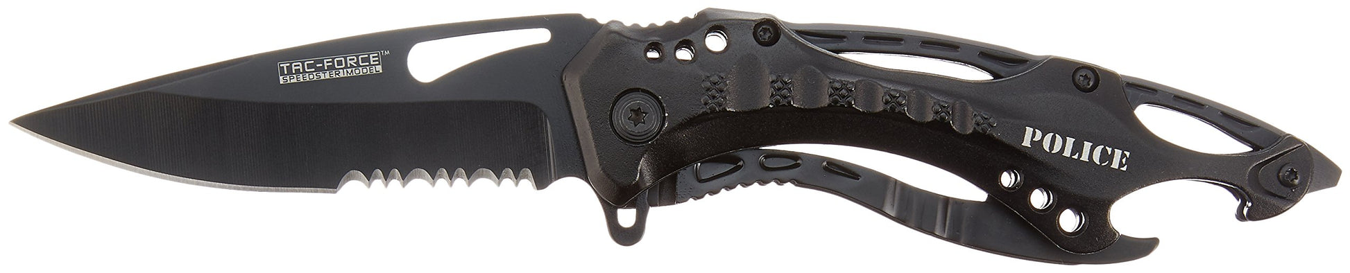 TAC Force- Spring Assisted Folding Pocket Knife â€“ Black Stainless Steel Blade with Black Aluminum Handle, Bottle Opener, Glass Punch and Pocket Clip, Tactical, EDC, Rescue - TF-705 , 3.25 inch blade