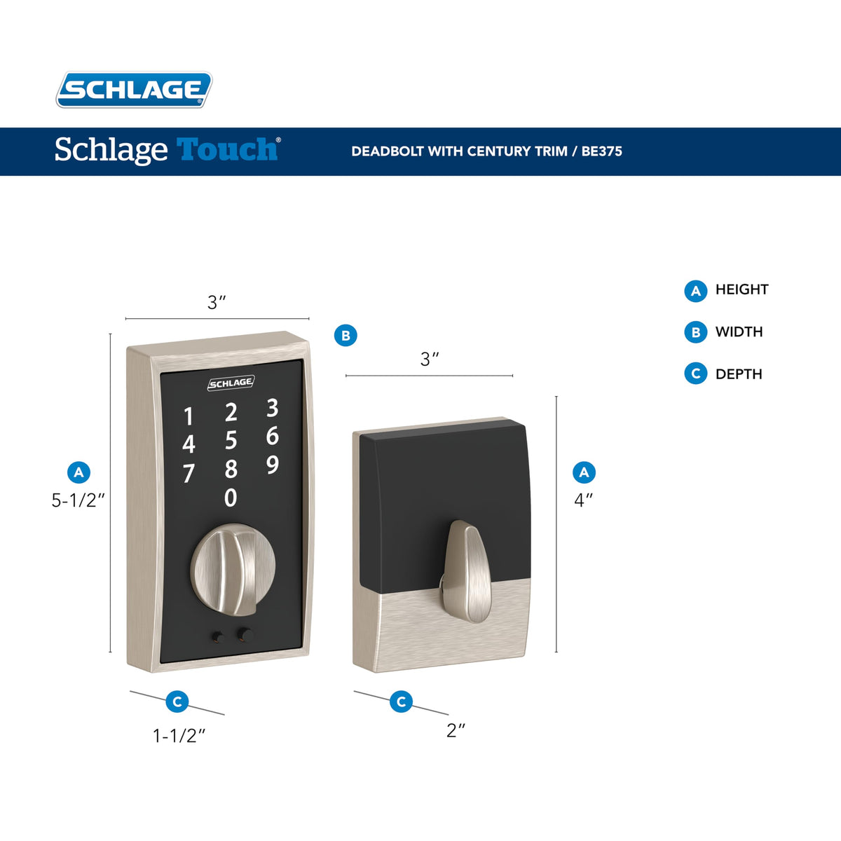 SCHLAGE BE375 CEN 625 Touch Keyless Touchscreen Electronic Deadbolt Lock, Bright Chrome