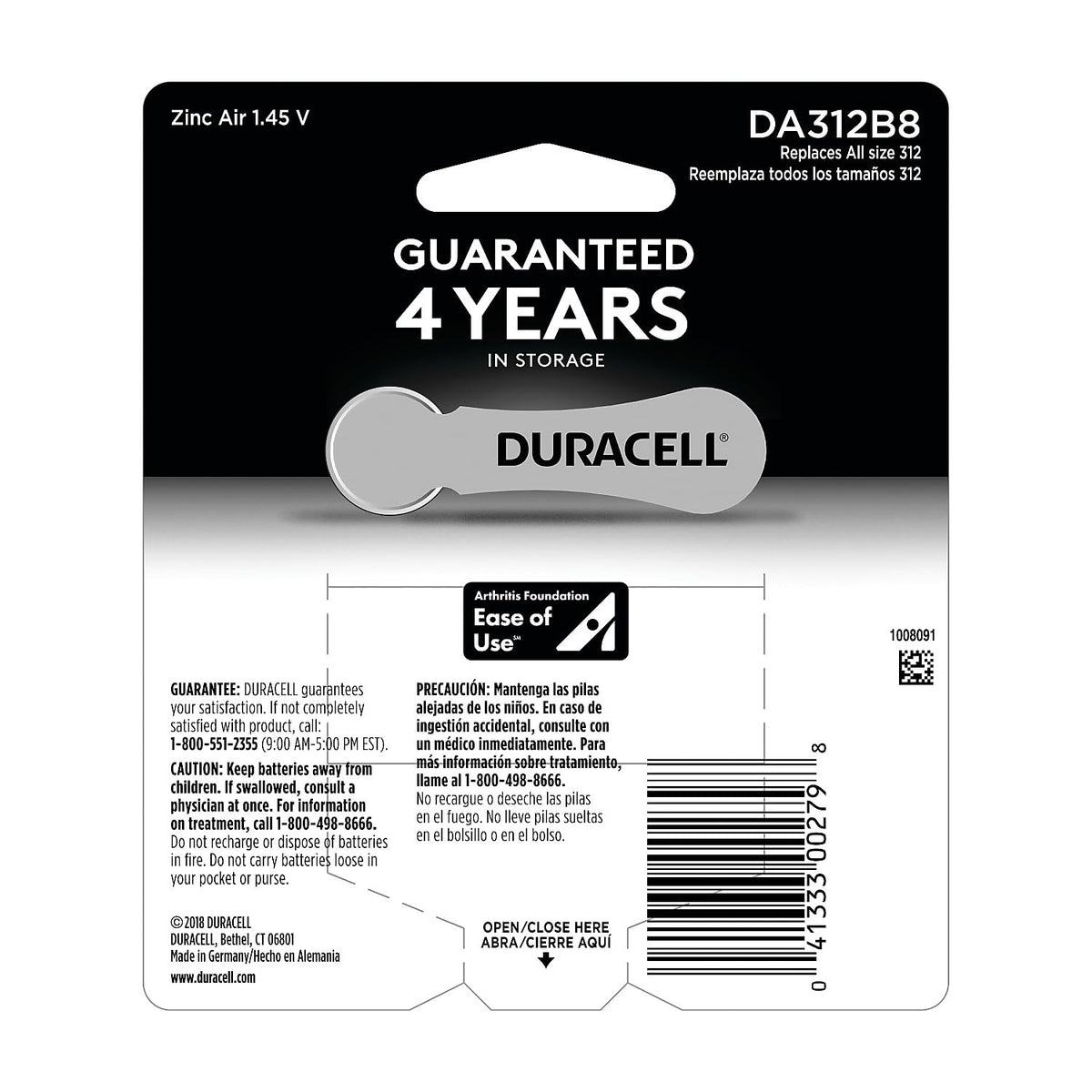 Duracell DA312B8ZM09 Button Cell Zinc Air Battery, #312, 8/Pk
