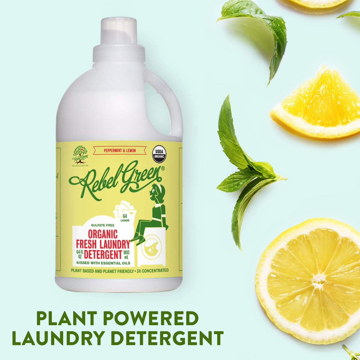 Rebel Green Peppermint & Lemon Scent Liquid Laundry Detergent, Hypoallergenic, 64 Fluid Ounces (Pack Of 4)