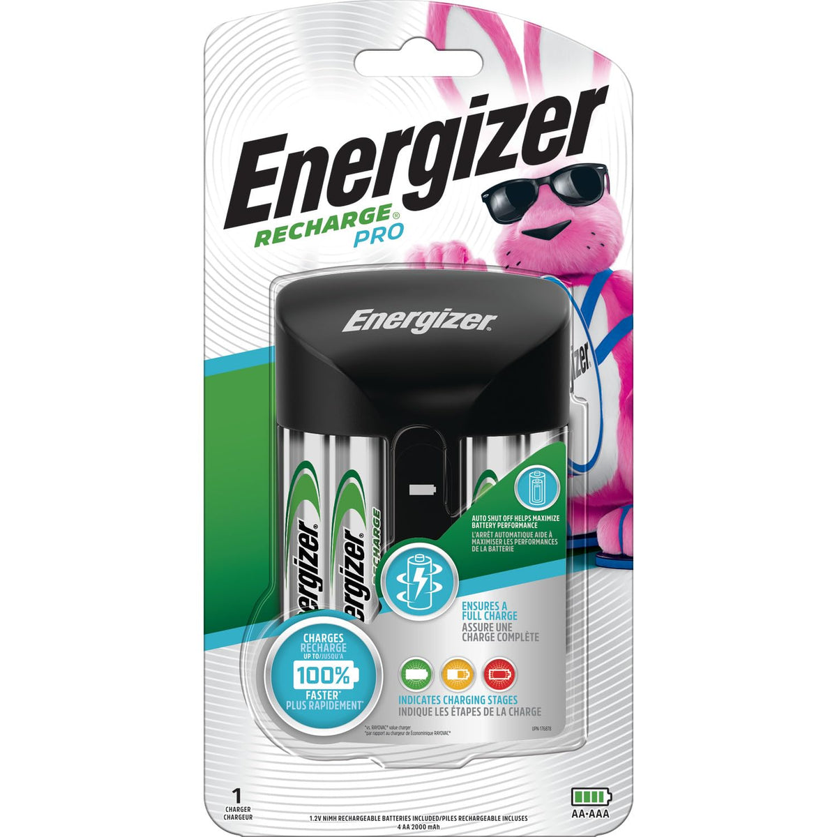 Energizer Recharge Pro Rechargeable AAA and AA Battery Charger With 4 NiMh Rechargeable AA Batteries, Provides a Full Charge in 3 Hours
