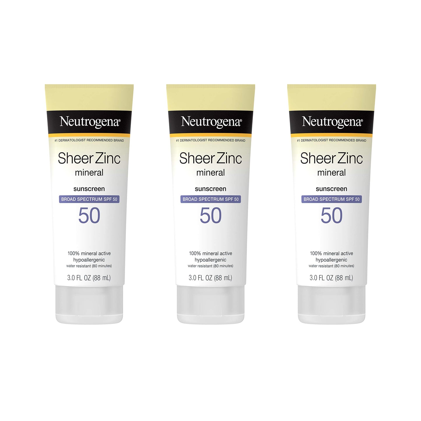 Neutrogena Sheer Zinc Oxide Dry-Touch Mineral Sunscreen Lotion, Broad Spectrum SPF 50 UVA/UVB Protection, Water-Resistant, Hypoallergenic and Non-Greasy, Paraben-Free, 3 fl. oz, Pack of 3