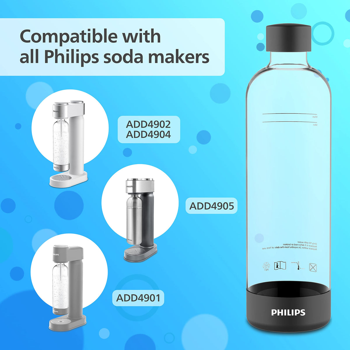 PHILIPS Carbonating Bottles, 1L Twin Pack Reusable PET Sparkling Water Bottles Compatible Sparkling Water Maker, 2 Pack, Black
