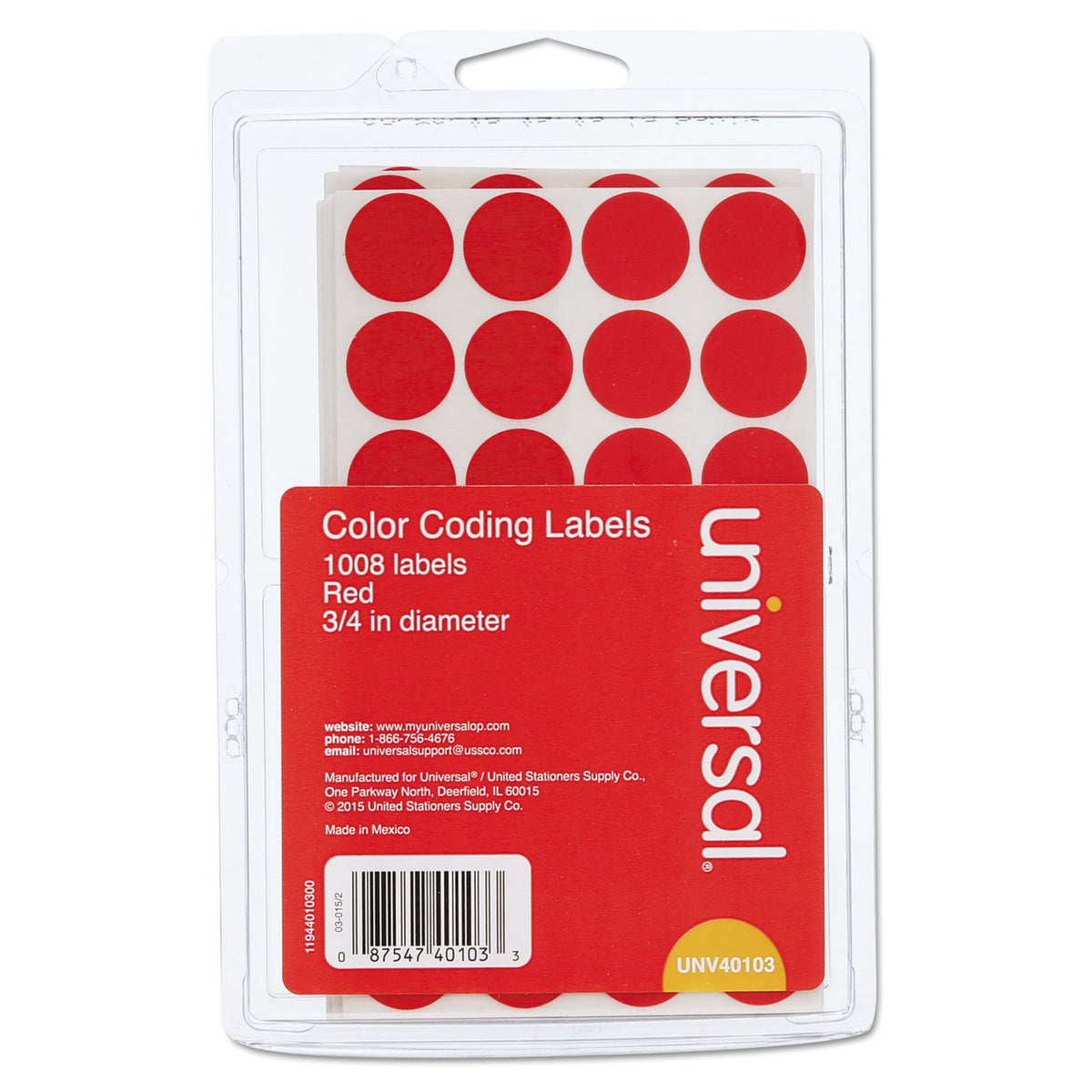 Universal UNV40103 0.75 in. Diameter Self-Adhesive Removable Color-Coding Labels - Red (28/Sheet, 36 Sheets/Pack)