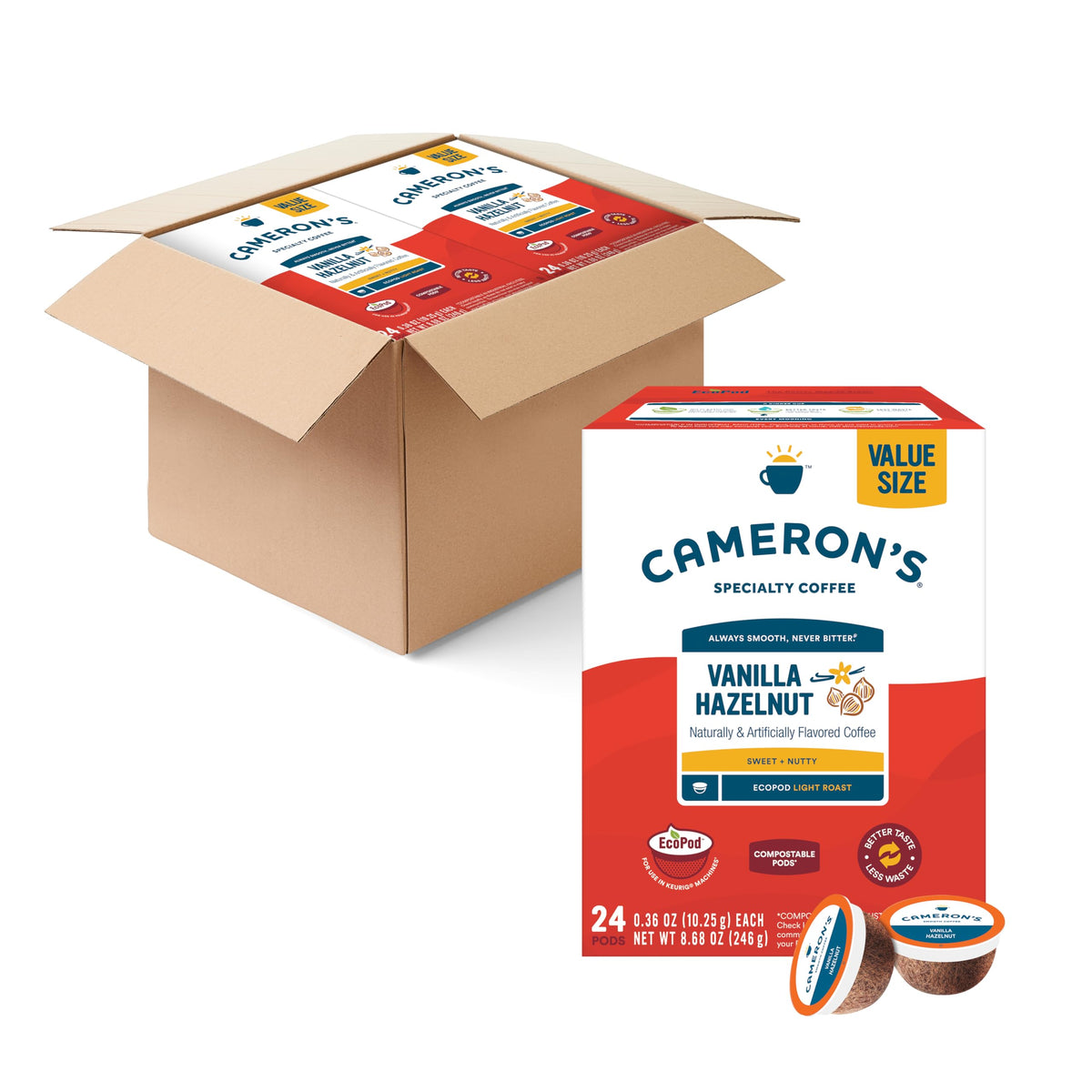 Cameron's Coffee Single Serve Pods, Flavored, Vanilla Hazelnut, 96 Count