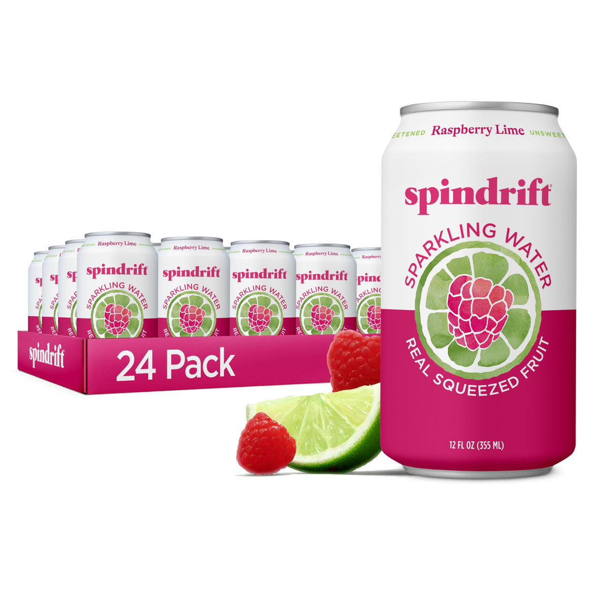 Spindrift Sparkling Water, Raspberry Lime Flavored, Made with Real Squeezed Fruit, Only 9 Calories per Can, 12 Fl Oz Cans, Pack of 24
