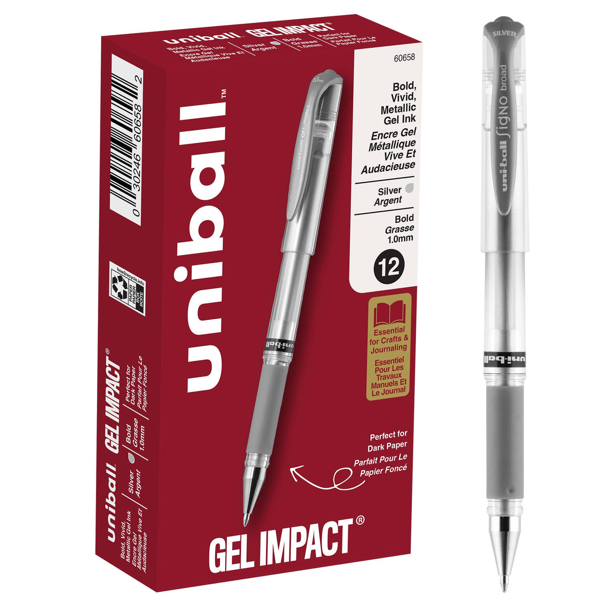 uniball Impact Gel Pen, Stick, Medium 1 Mm, Silver Metallic Ink, Silver Barrel