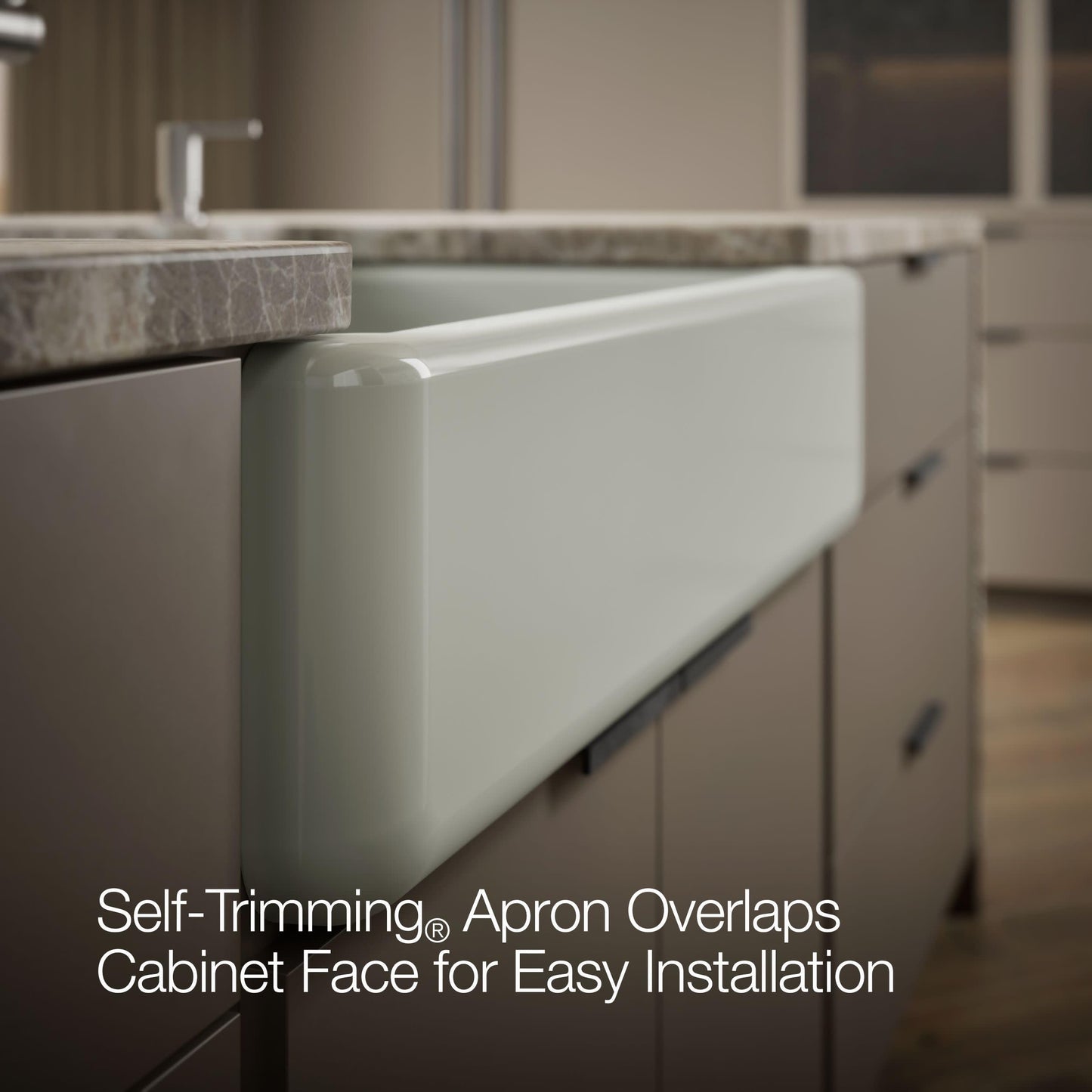 KOHLER K-6489-FF Whitehaven Farmhouse Self-Trimming Apron Front Single Basin Sink with Tall Apron, Sea Salt