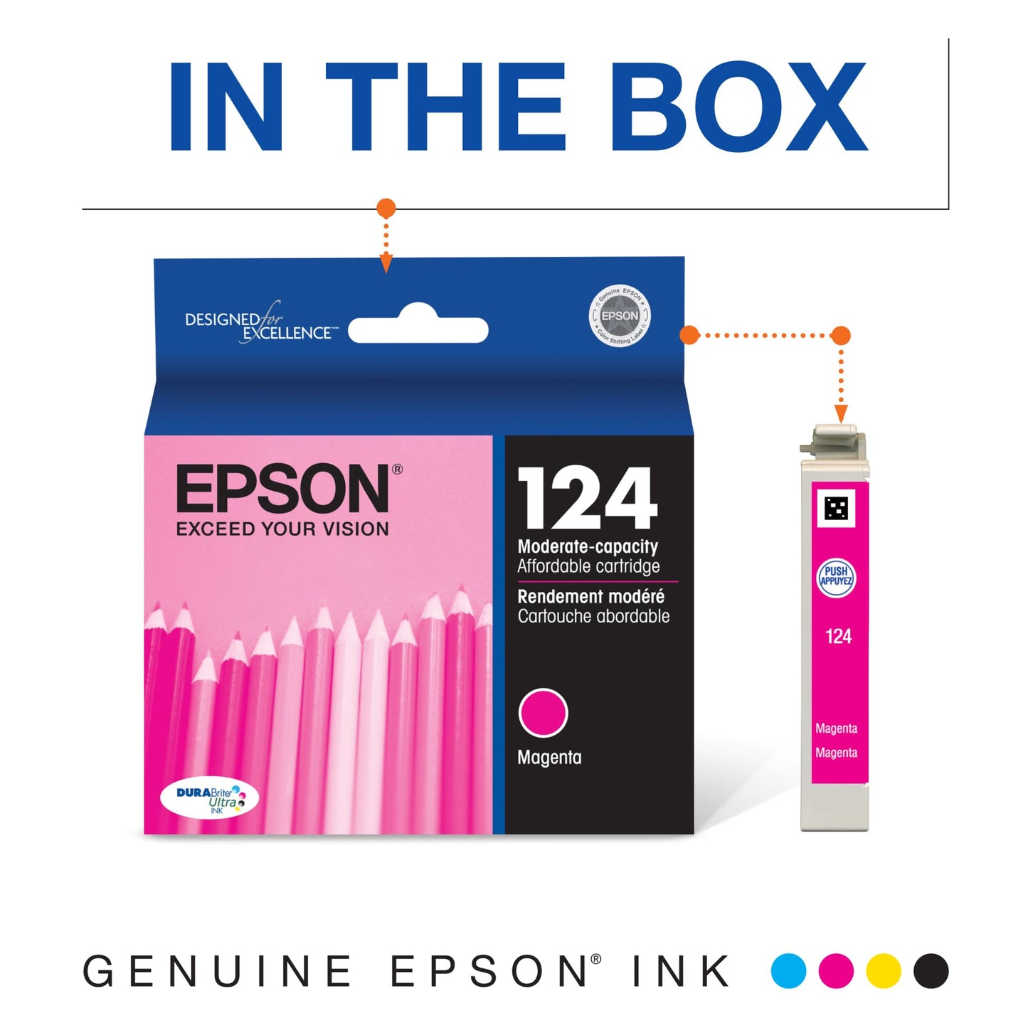 Epson 124 DURABrite Ultra Ink Standard Capacity Magenta Cartridge (T124320-S) Works with Stylus NX-125, NX-127, NX-130, NX-230, NX-330, NX-420, NX-430, Workforce WF-320, WF-323, WF-325, WF-435