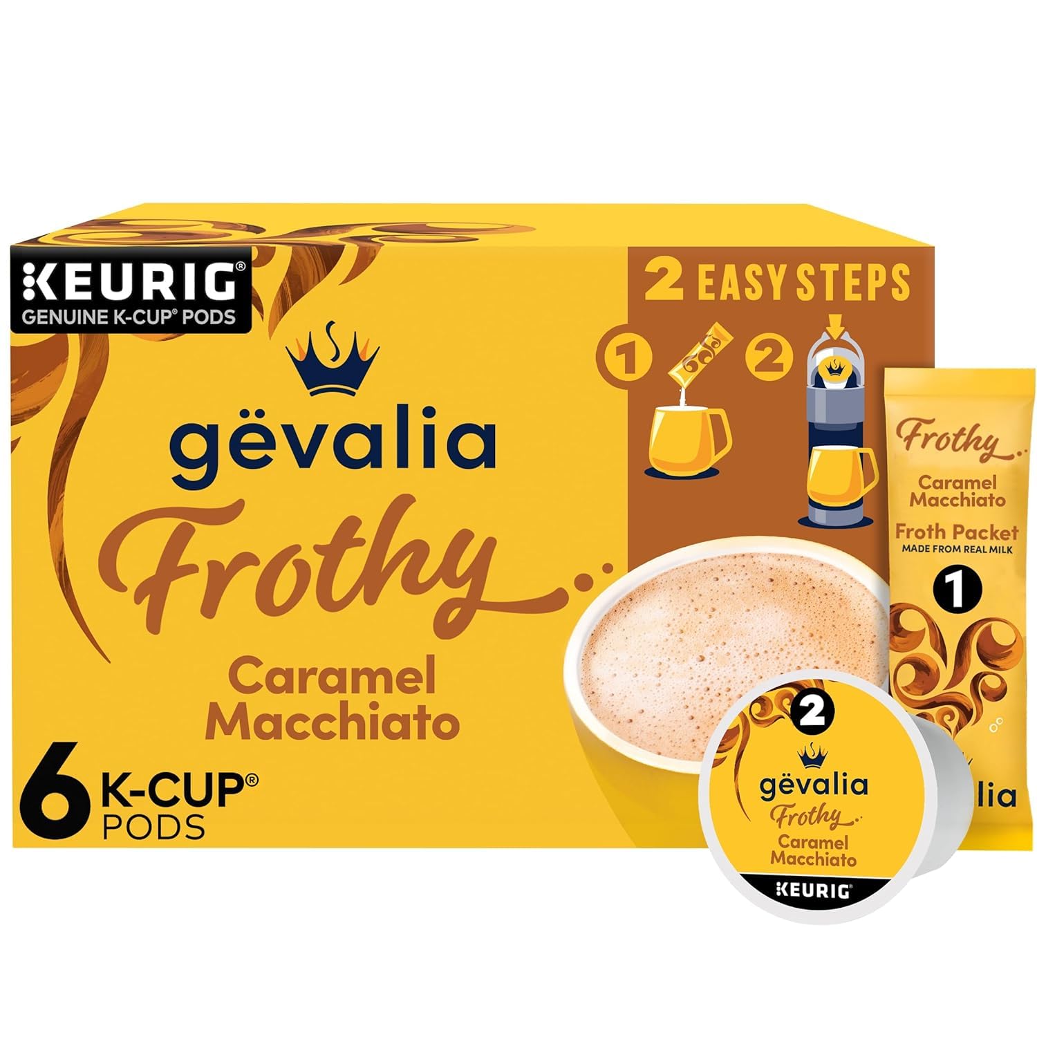 Gevalia Frothy 2-Step Caramel Macchiato Espresso K-Cup Coffee Pods & Froth Packets Kit, 6 ct Box