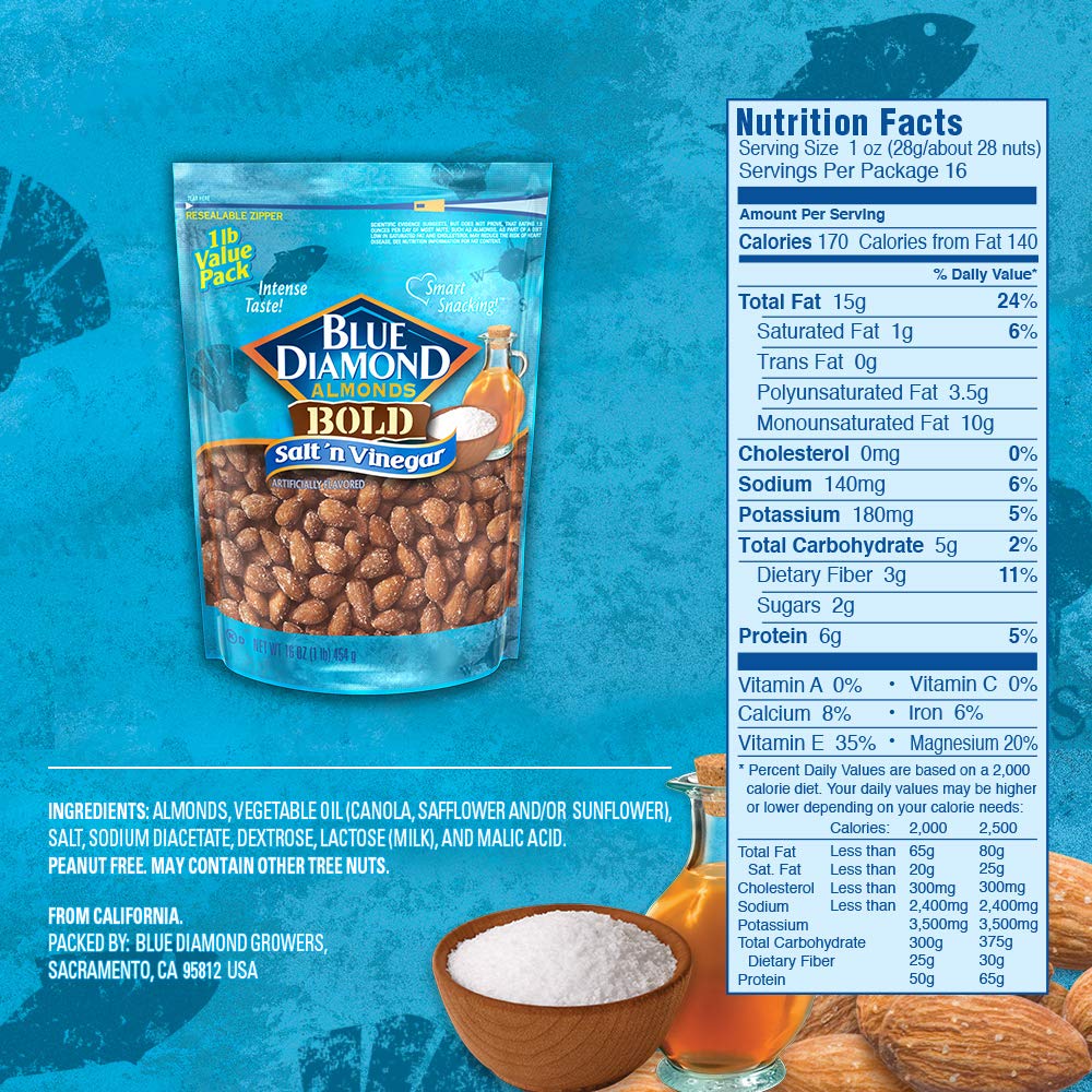 Blue Diamond Almonds Salt N' Vinegar Flavored Snack Nuts, 16 Oz Resealable Bag (Pack of 1)