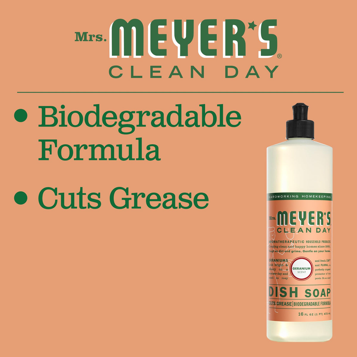 MRS. MEYER'S CLEAN DAY Liquid Dish Soap, Biodegradable Formula, Geranium, 16 Fl. Oz