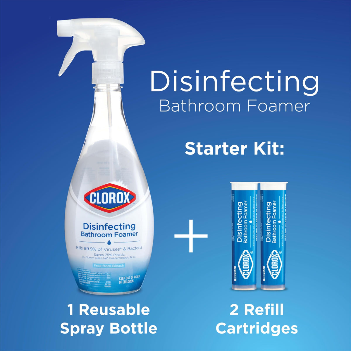 Clorox Disinfecting Bathroom Foamer Starter Kit with One Reusable Bottle Plus 2 Refill Cartridges, Household Essentials, Makes 50 Ounces of Cleaner