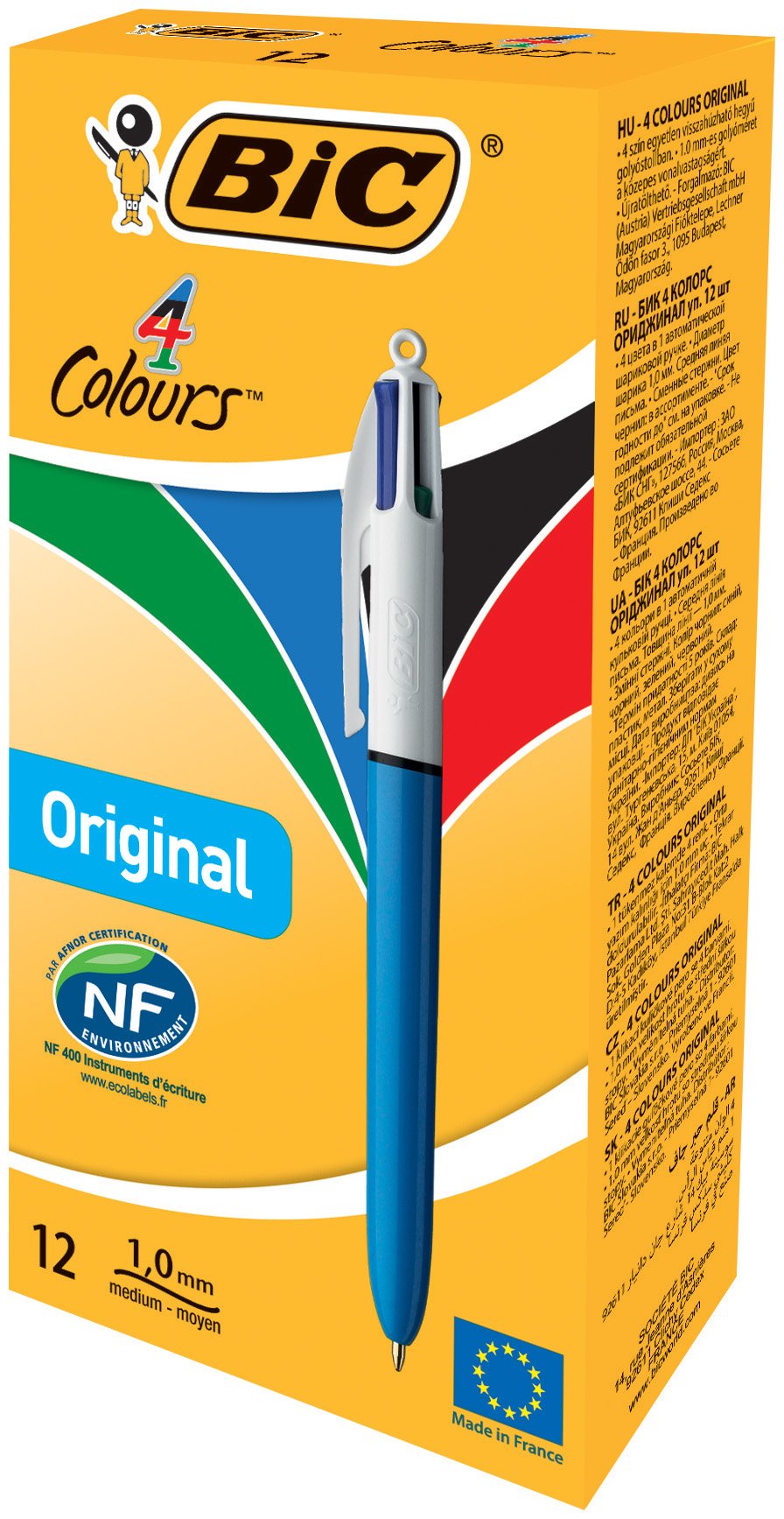 BIC 4 Colours Original Retractable Ballpoint Pens, Multi Coloured All in One, Green, Blue, Red, Black, 12 Pens Per Pack