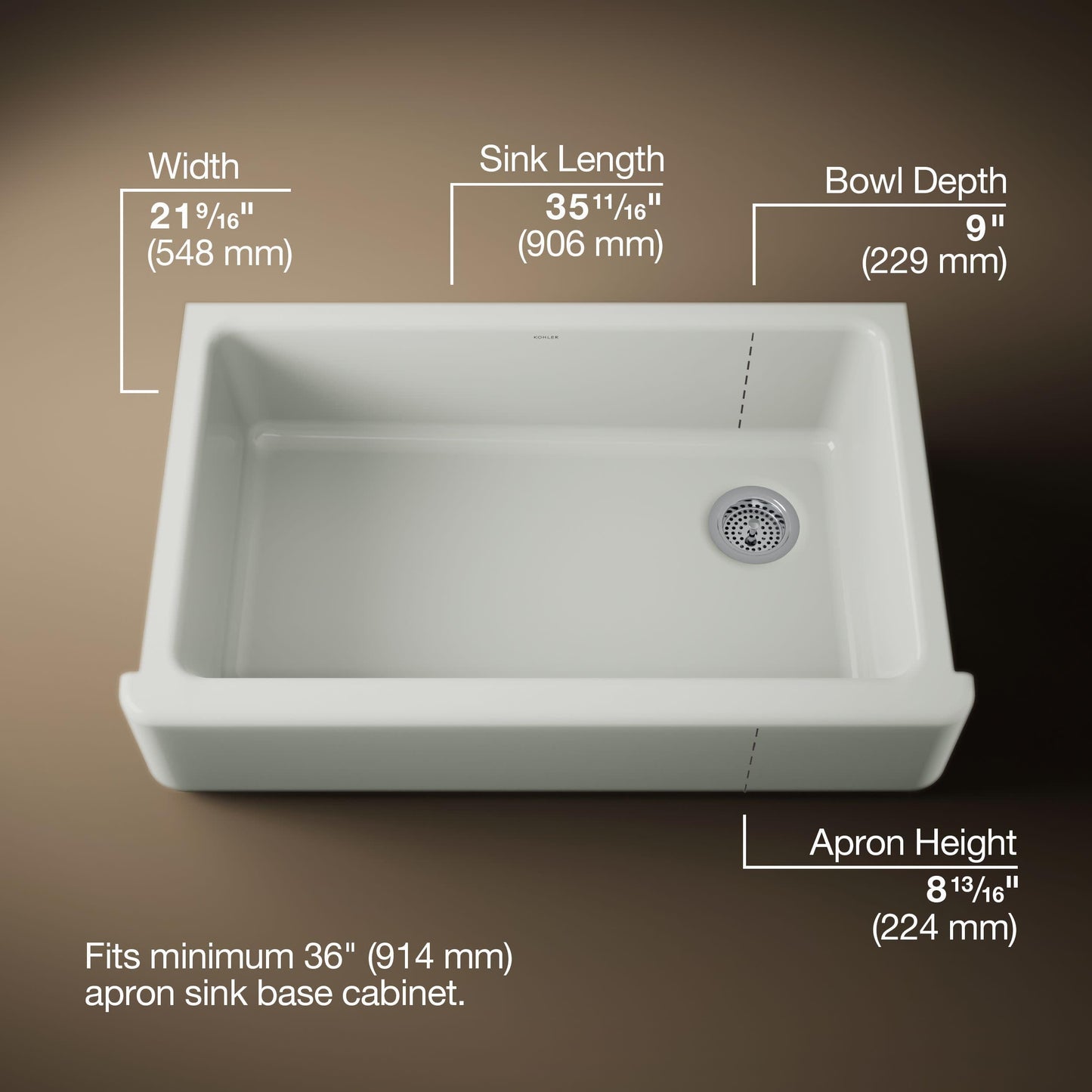 KOHLER K-6489-FF Whitehaven Farmhouse Self-Trimming Apron Front Single Basin Sink with Tall Apron, Sea Salt