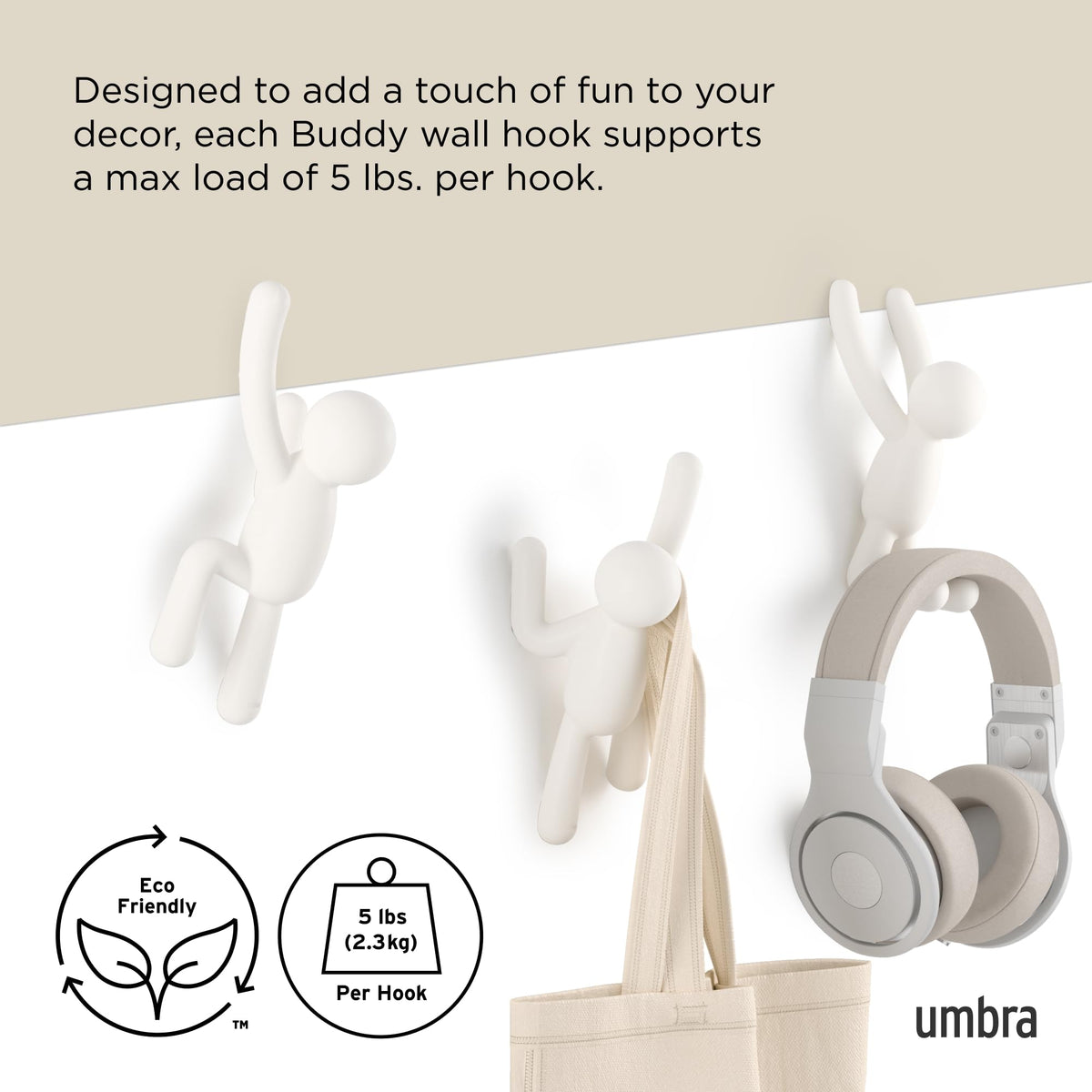 Umbra Buddy Wall Hooks, White, Set of 3