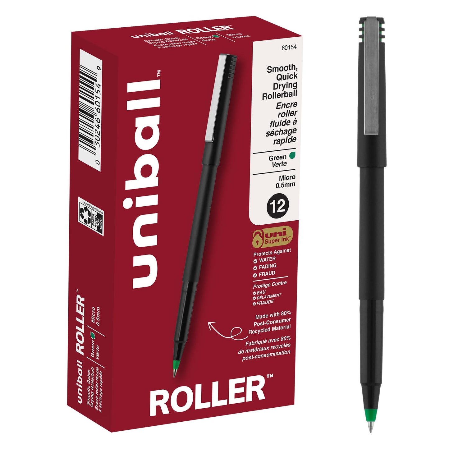 Sanford Uniball Roller Stick Pen, 0.5mm Micro Point, Green Ink, Dozen (60154)