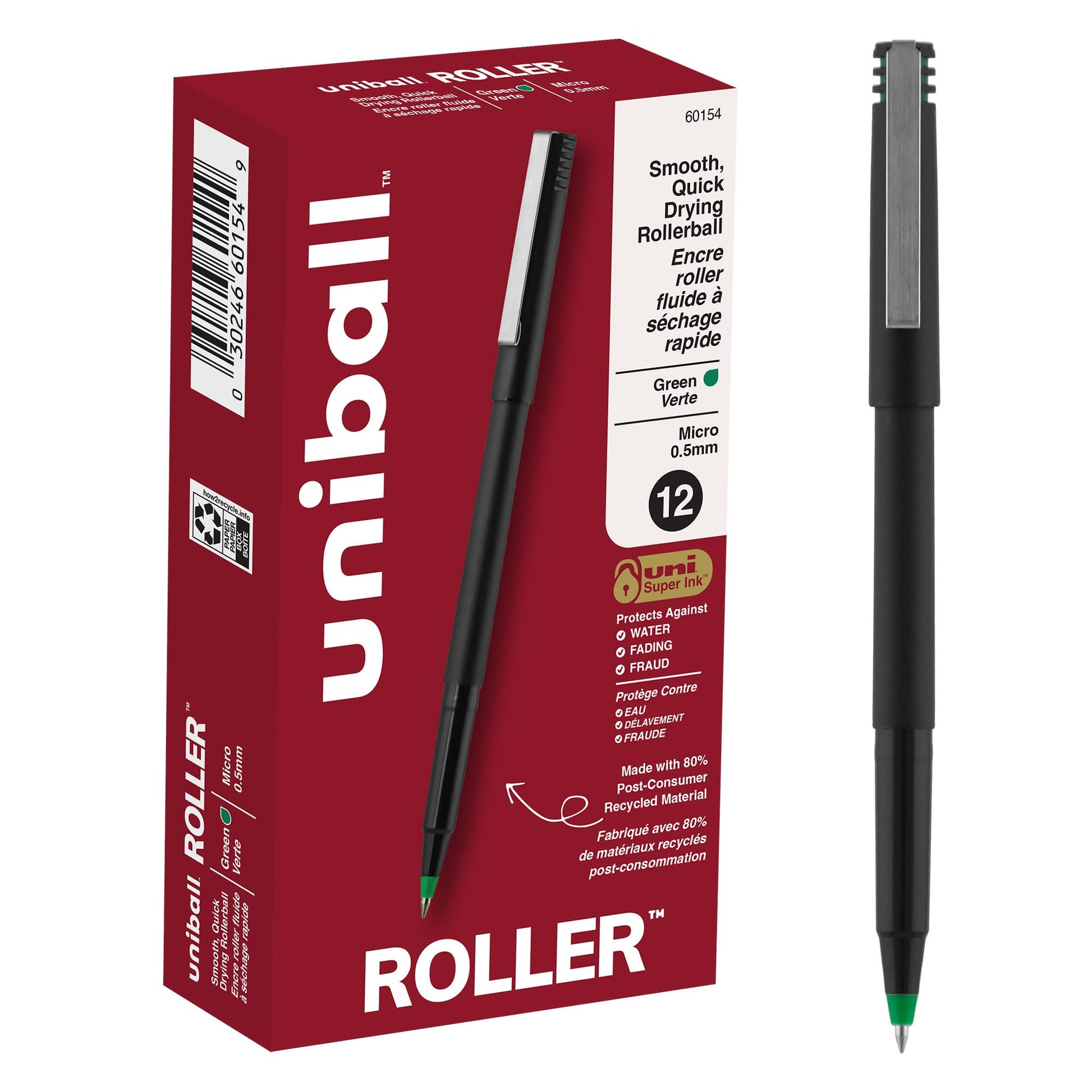 Sanford Uniball Roller Stick Pen, 0.5mm Micro Point, Green Ink, Dozen (60154)