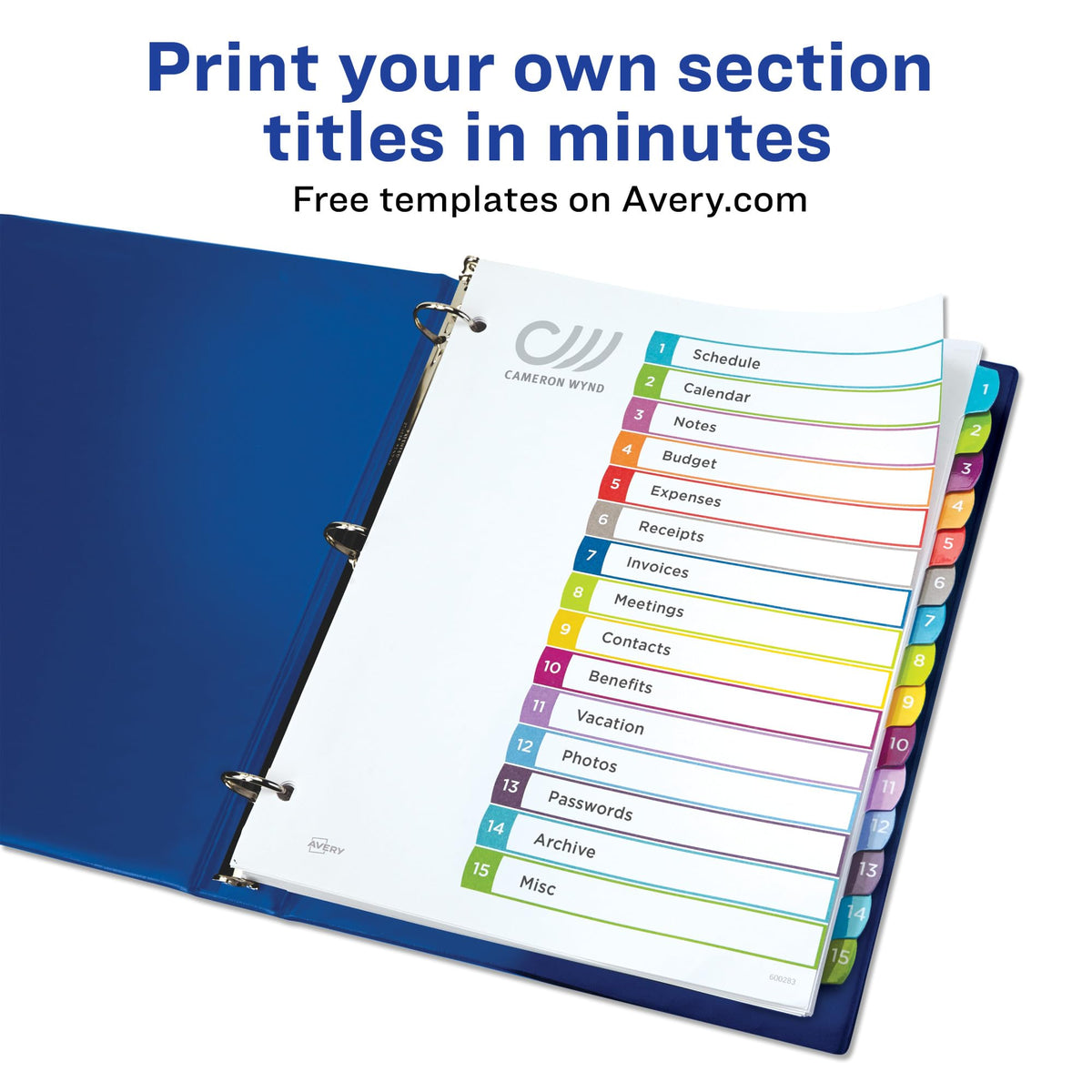 Avery 15 Tab Dividers for 3 Ring Binders, Customizable Table of Contents, Multicolor Tabs, 1 Set (11845)
