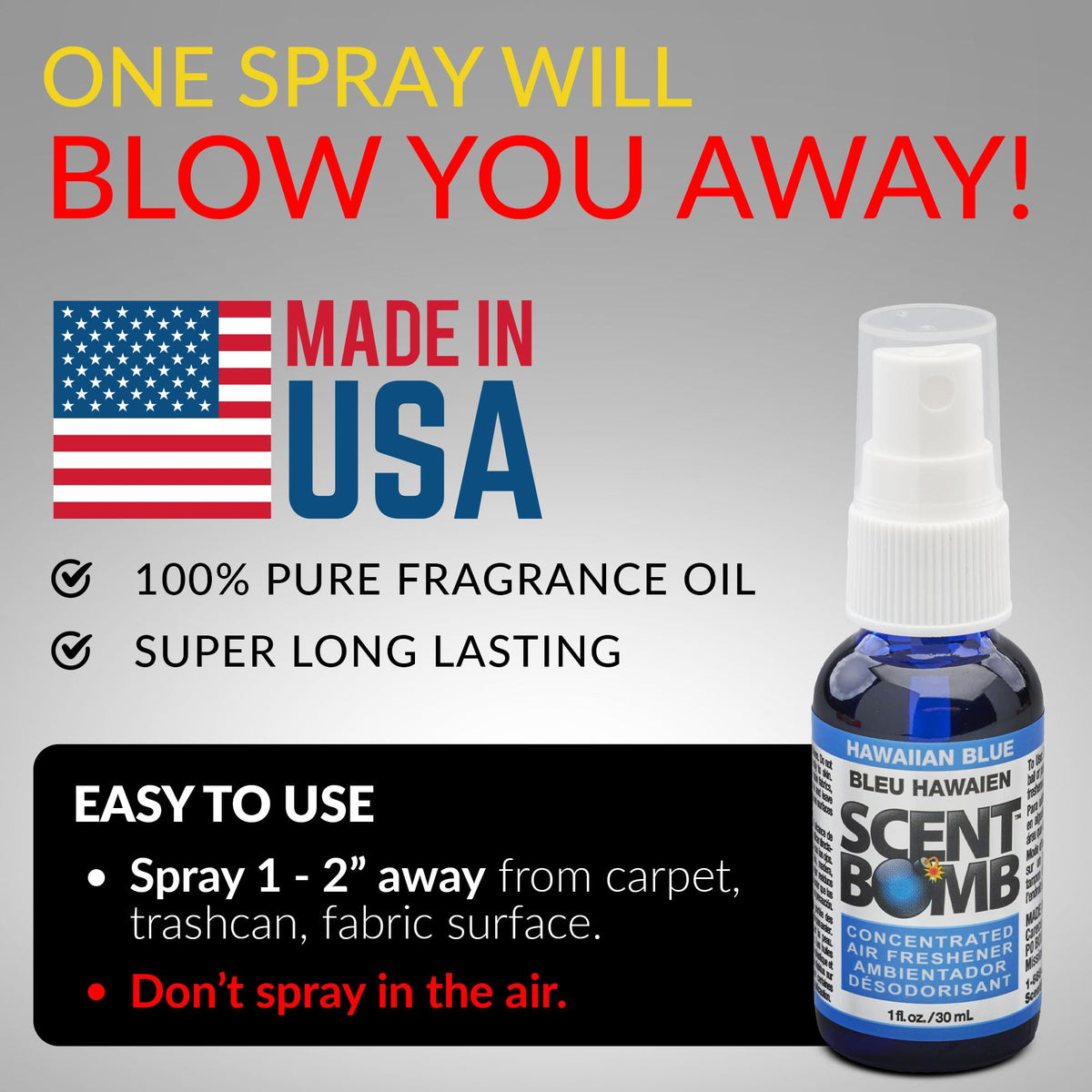 Scent Bomb Air Freshener Spray, Long-Lasting Odor Eliminator - Effective Deodorizer for Home & Car, Fresh Room Spray for Kitchen, Bathroom & Smell Neutralizer - 1 oz Pack of 4, Hawaiian Blue Scent