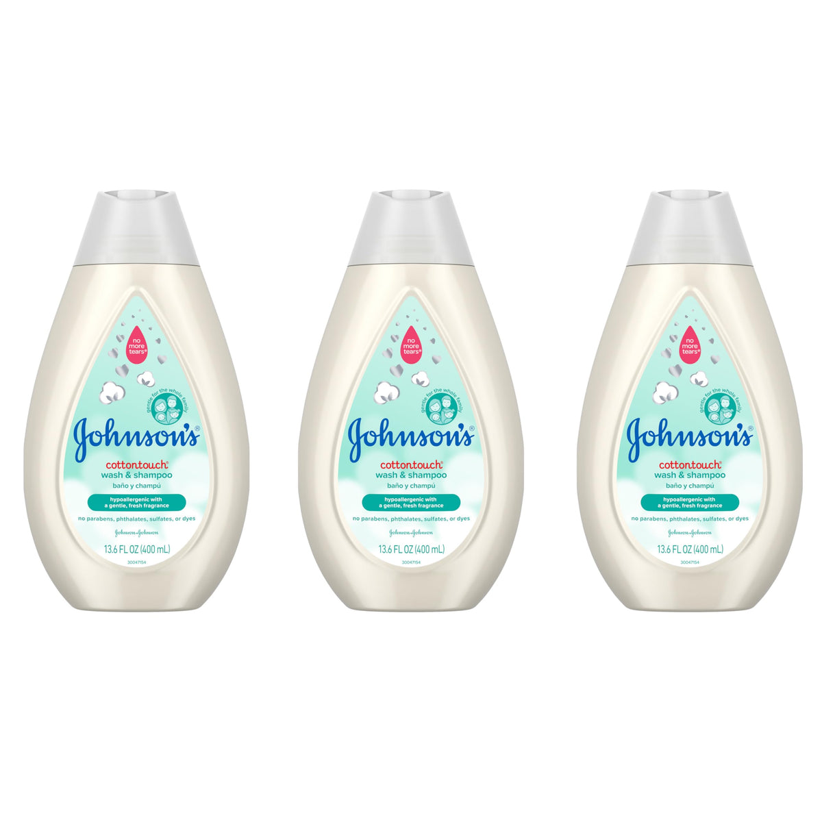 Johnson's CottonTouch Newborn Baby Wash & Shampoo with No More Tears, Sulfate-, Paraben- Free for Sensitive Skin, Made with Real Cotton, Gently Washes Away Dirt & Germs, 13.6 fl. oz, Pack of 3