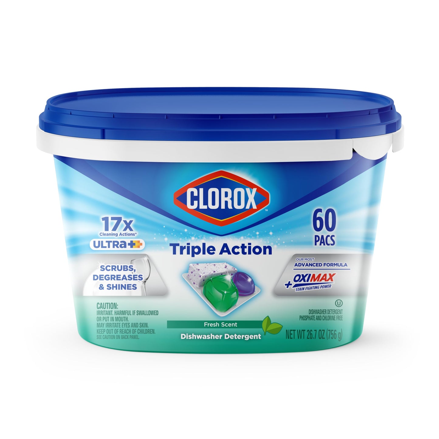Clorox Triple Action + Ultra Dishwasher Detergent Pacs, 60 Count Dishwashing Pacs, Fresh Scent