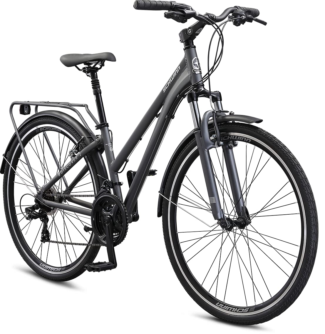 Schwinn Discover 2 Adult Hybrid Bike for Men and Women, 700c Wheels, 21-Speeds, 15-Inch Frame, Front and Rear Fenders, Rear Cargo Rack, Matte Grey