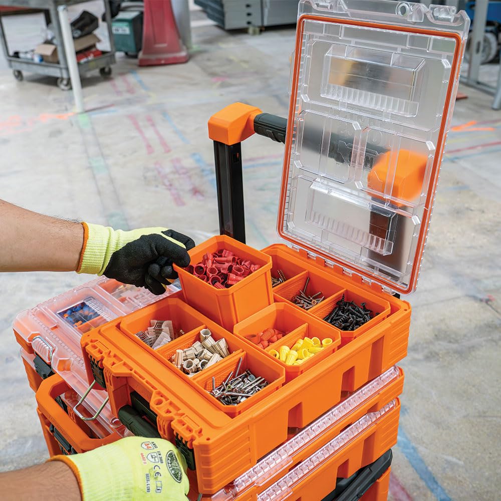 Klein Tools 54808MB MODbox Tall Compartment Box, Half-Width Tool Organizer, Small Parts Tool Box with 10 Compartments, 4 Removable Bins, Stackable Module