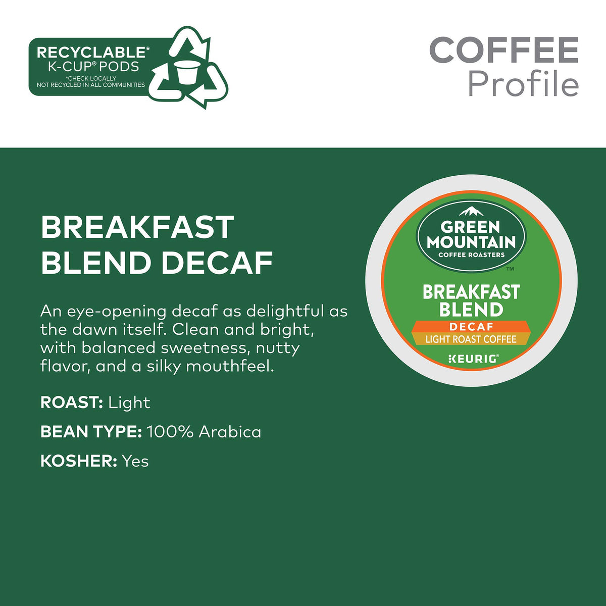 Green Mountain Keurig Decaf Coffee Breakfast Blend, 0.31 Ounce (Pack of 12)