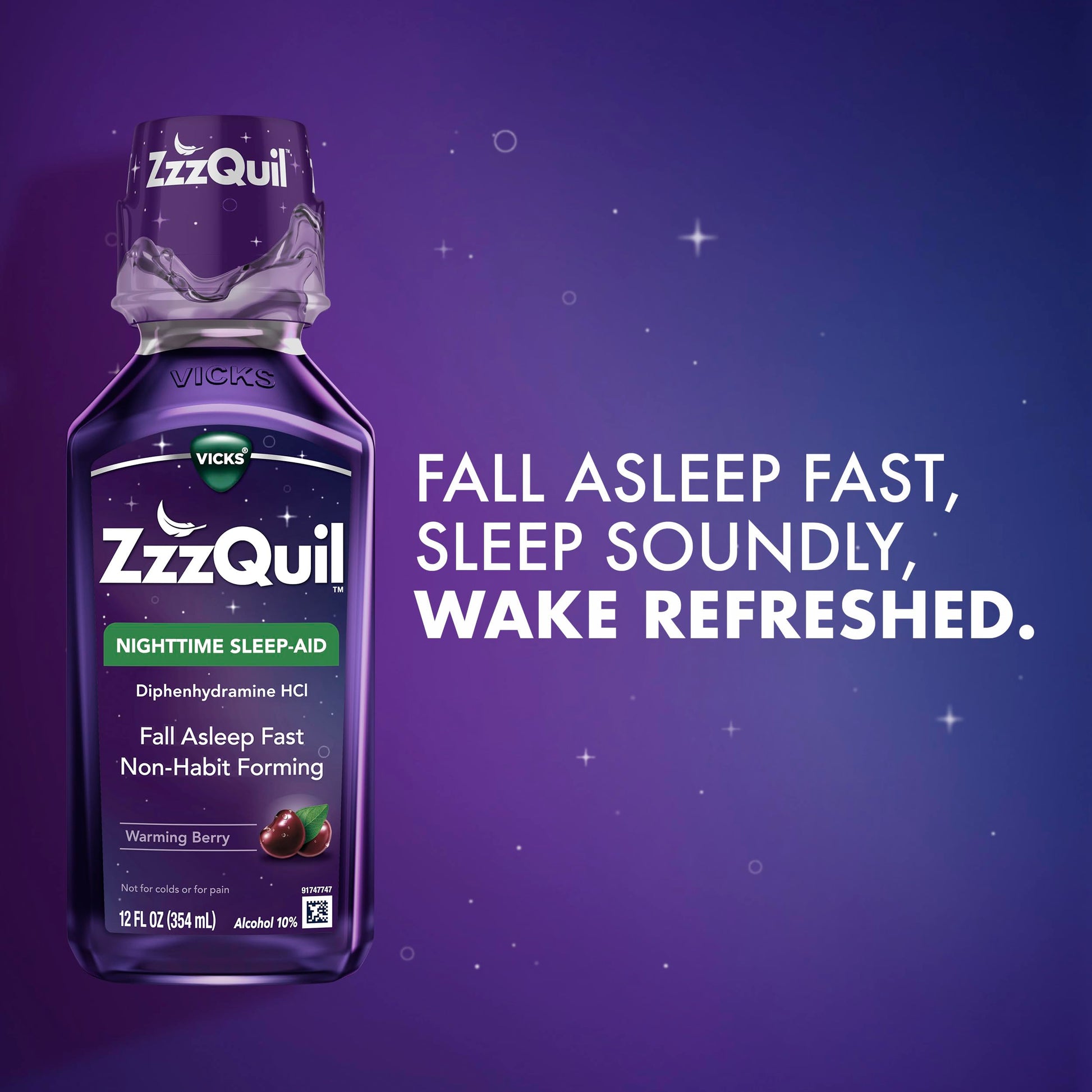 ZzzQuil, Sleep Aid, Nighttime Sleep Aid Liquid, 50 mg Diphenhydramine HCl, Fall Asleep Fast, Non-Habit Forming, Warming Berry Flavor, 12 FL OZ