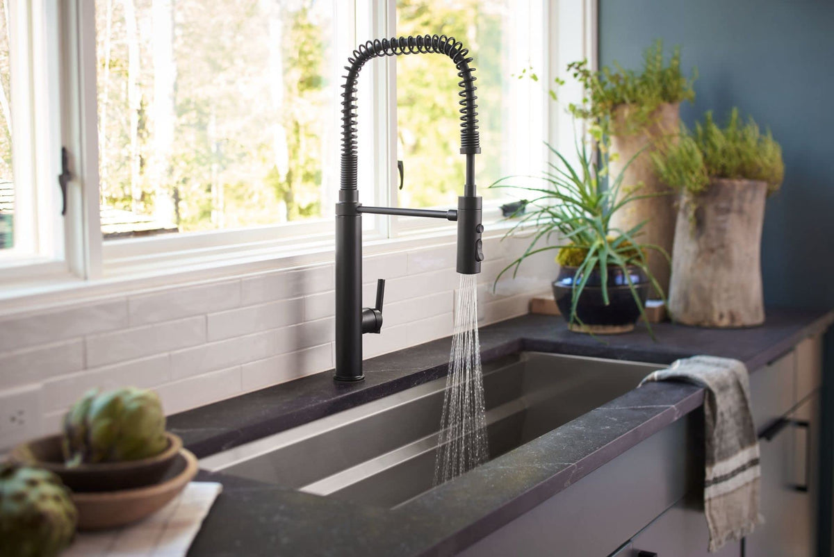 KOHLER 24982-VS Purist Commercial Kitchen Faucet with 3-Function Pull Down Sprayer, Vibrant Stainless
