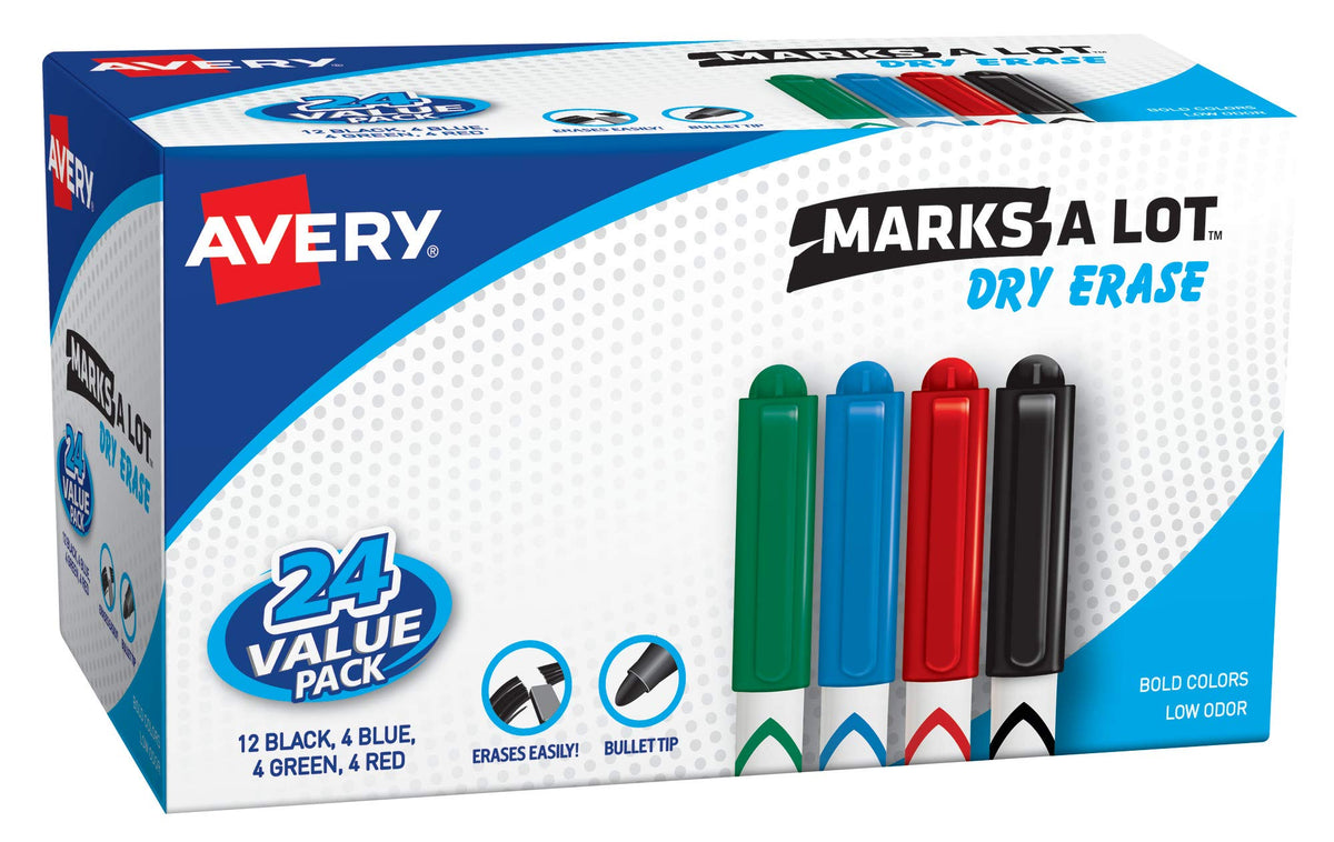 AVERY Marks A Lot Value Pack Dry Erase Markers, White Board Markers with Bullet Tip, 24 Assorted (29860)