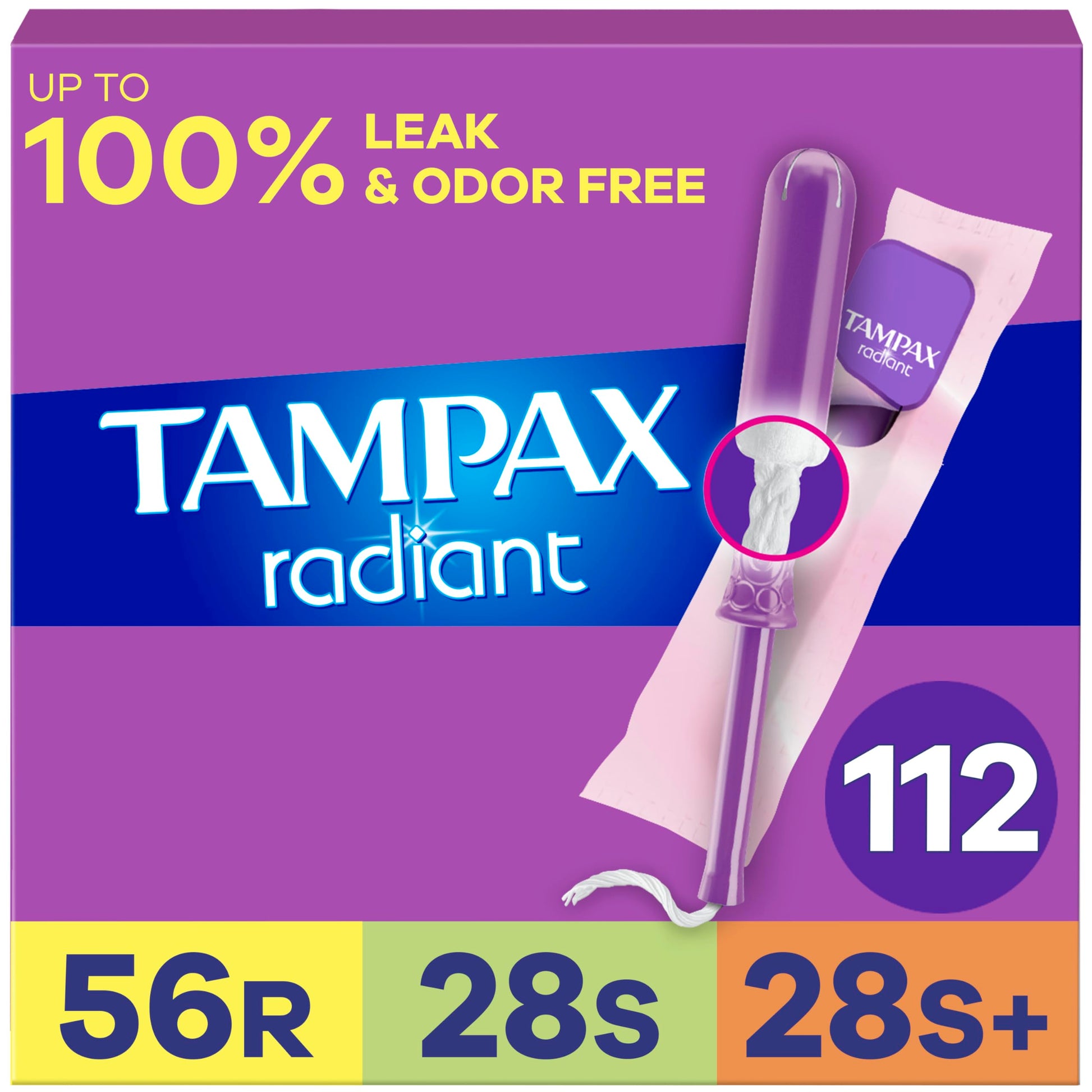 Tampax Radiant Tampons for Women Multipack, with LeakGuard Braid, Regular/Super/Super Plus Absorbency, Unscented, 112 Count (4 Packs of 28)